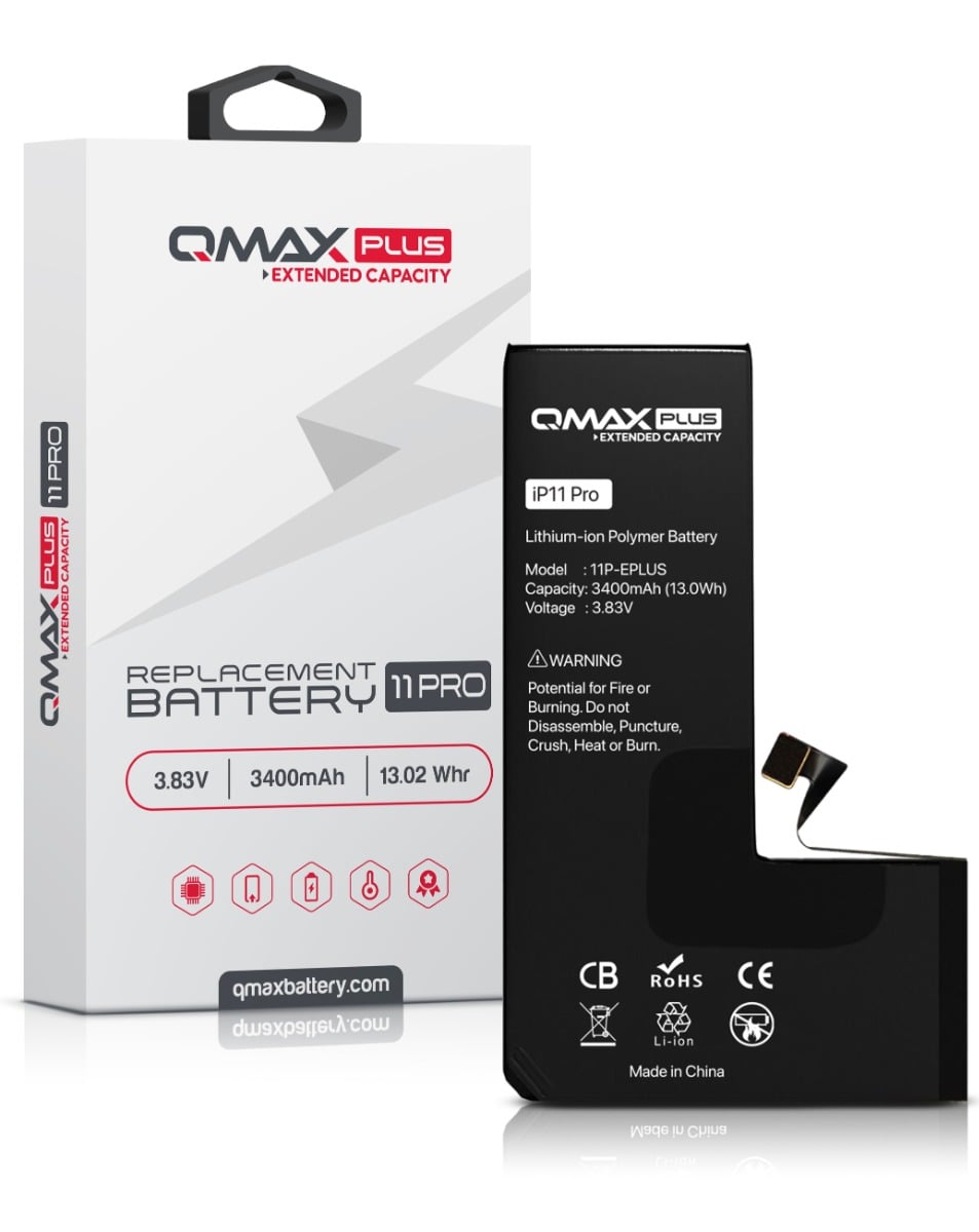 QMAX Plus Extended Capacity Replacement Battery for iPhone 11 Pro (3400 mAh) (Only Ground Shipping)