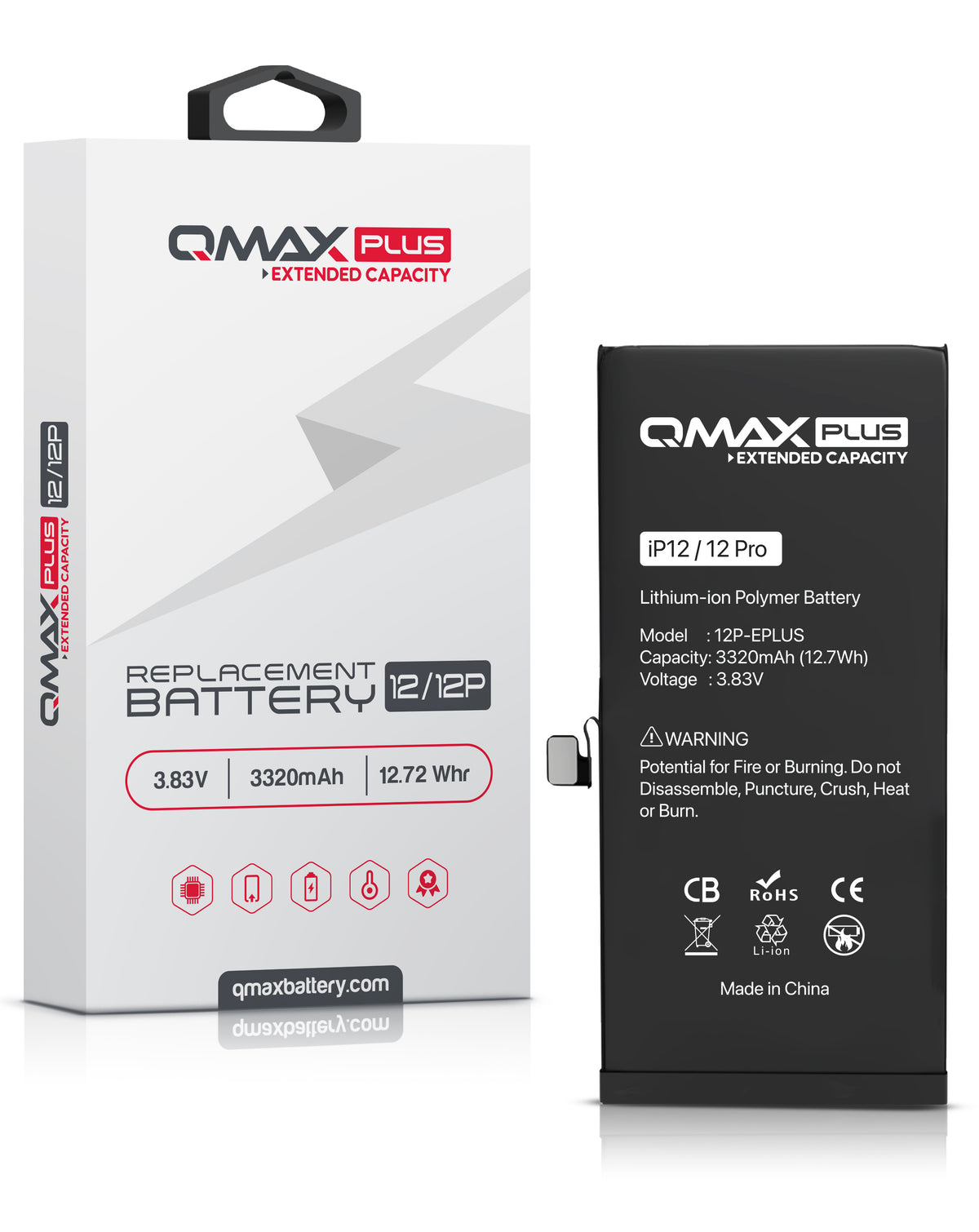QMAX Plus Extended Capacity Replacement Battery for iPhone 12 / 12 Pro (3320 mAh) (Only Ground Shipping)