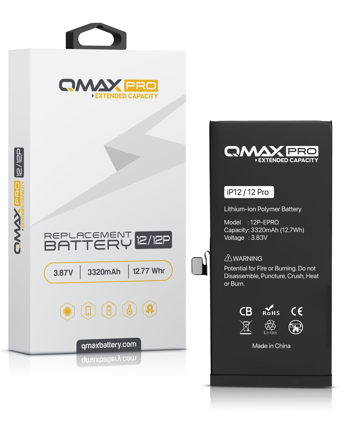 QMAX Pro Extended Capacity Replacement Battery for iPhone 12 / 12 Pro (3320 mAh) (Only Ground Shipping)