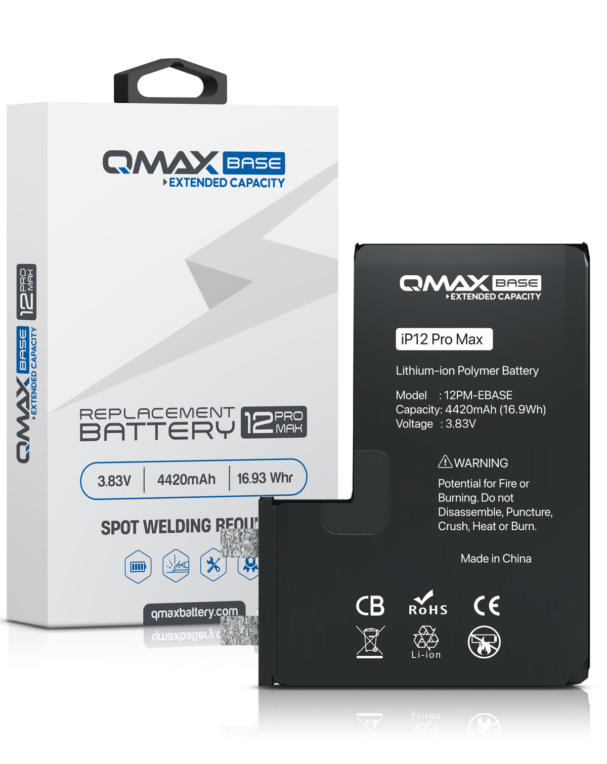 QMAX Base Extended Capacity Replacement Battery for iPhone 12 Pro Max (Spot Weld Required) (4420 mAh) (Only Ground Shipping)