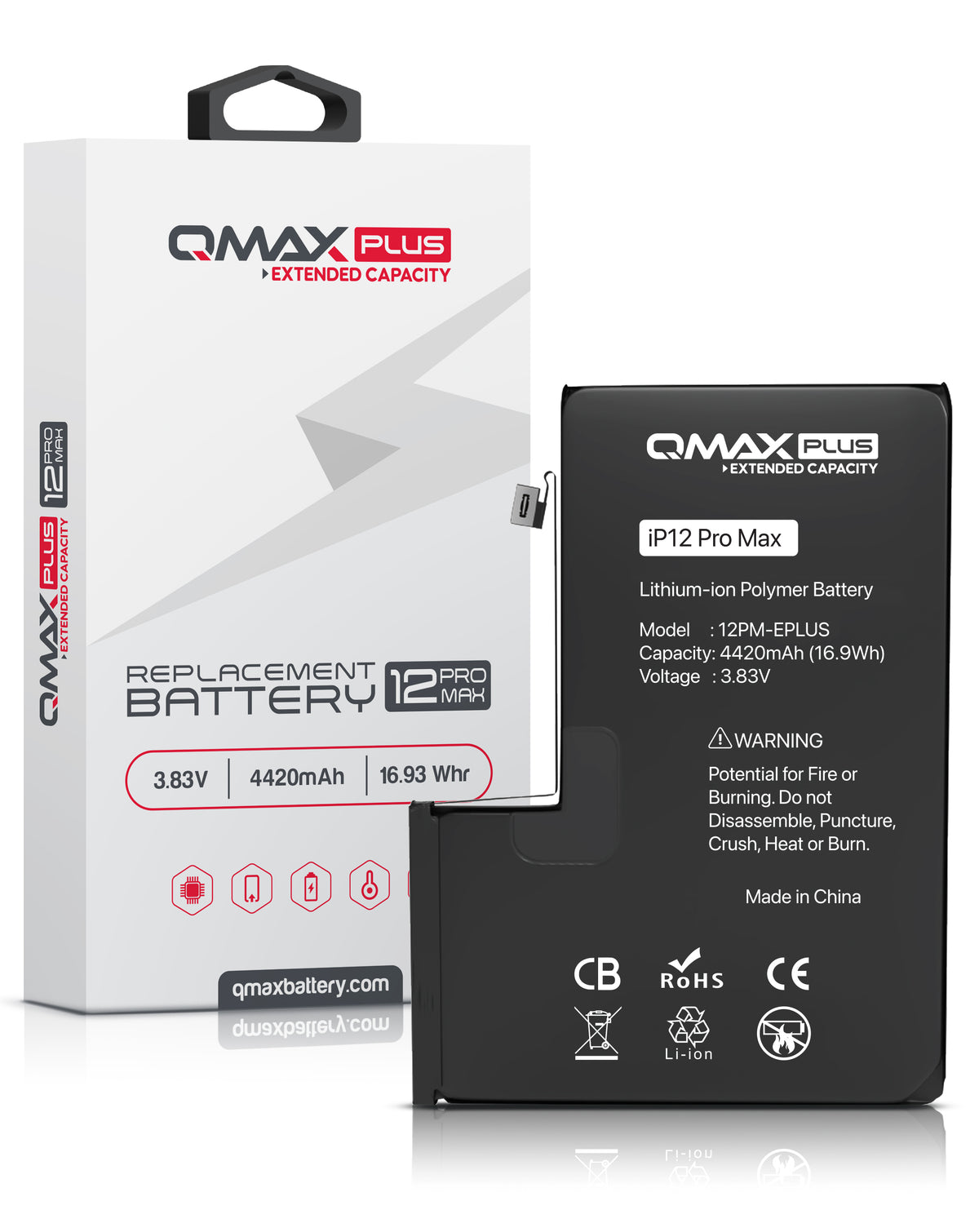 QMAX Plus Extended Capacity Replacement Battery for iPhone 12 Pro Max (4420 mAh) (Only Ground Shipping)