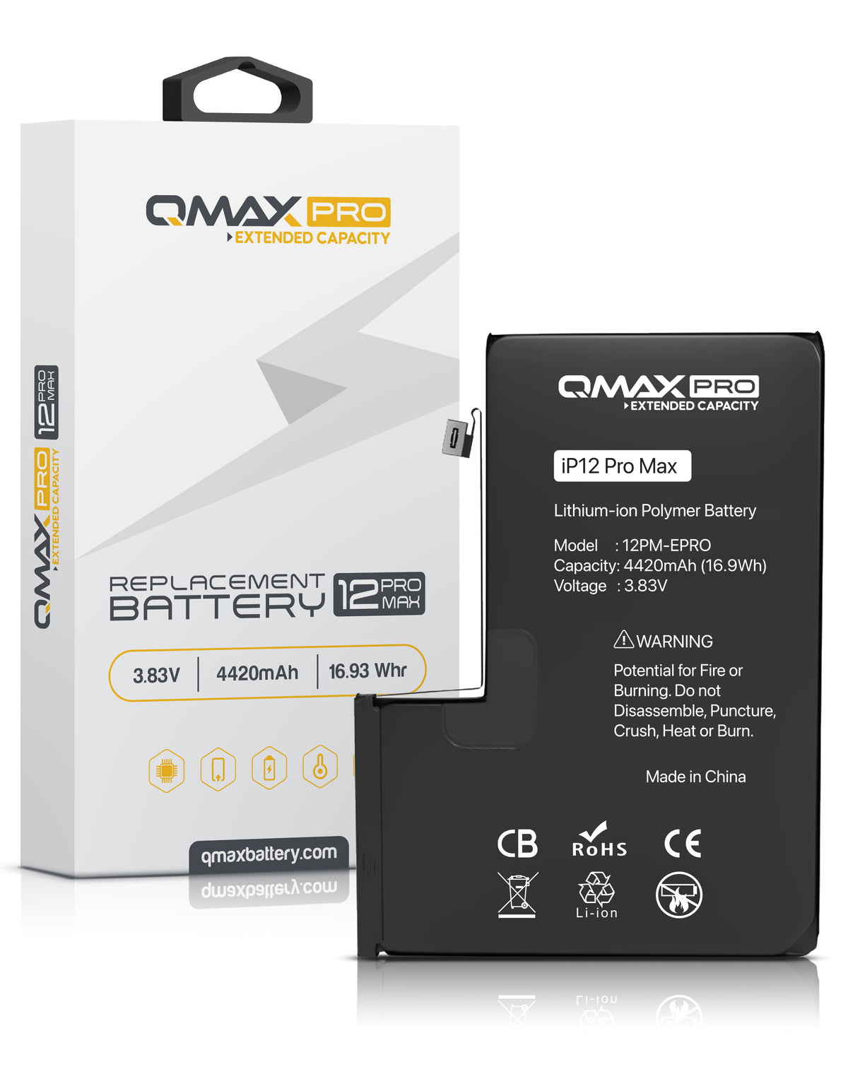 QMAX Pro Extended Capacity Replacement Battery for iPhone 12 Pro Max (4420 mAh) (Only Ground Shipping)