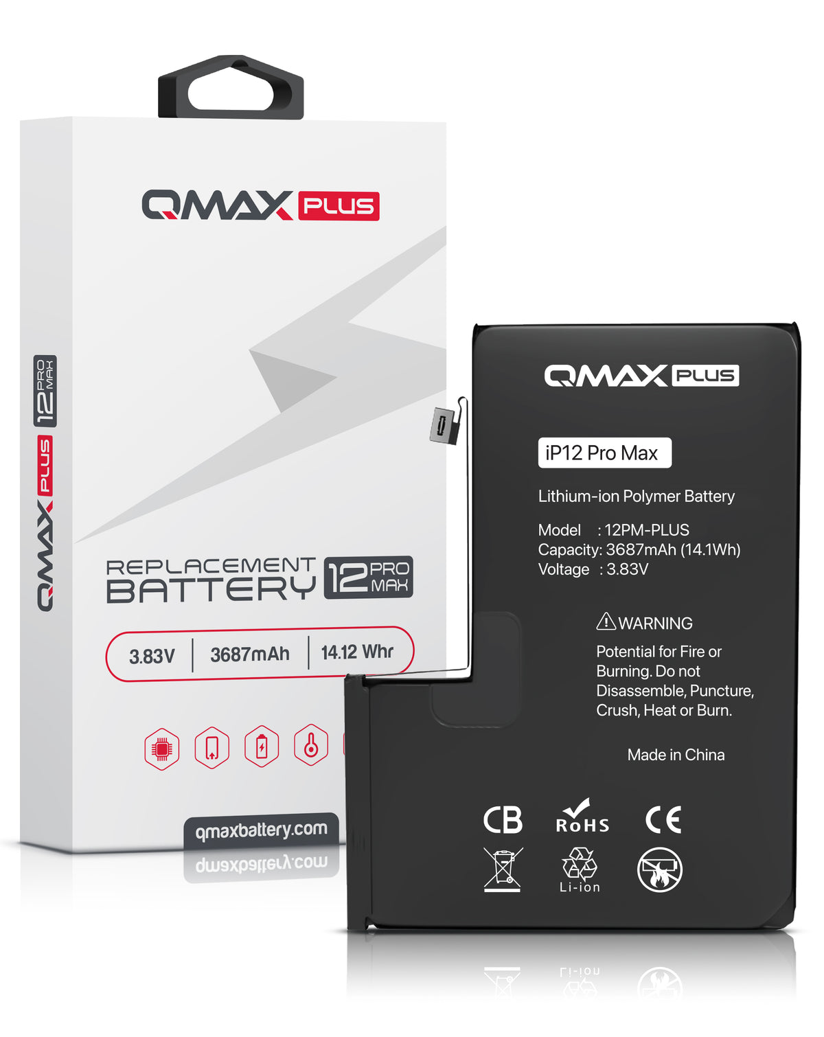QMAX Plus Replacement Battery for iPhone 12 Pro Max (3687 mAh) (Only Ground Shipping)
