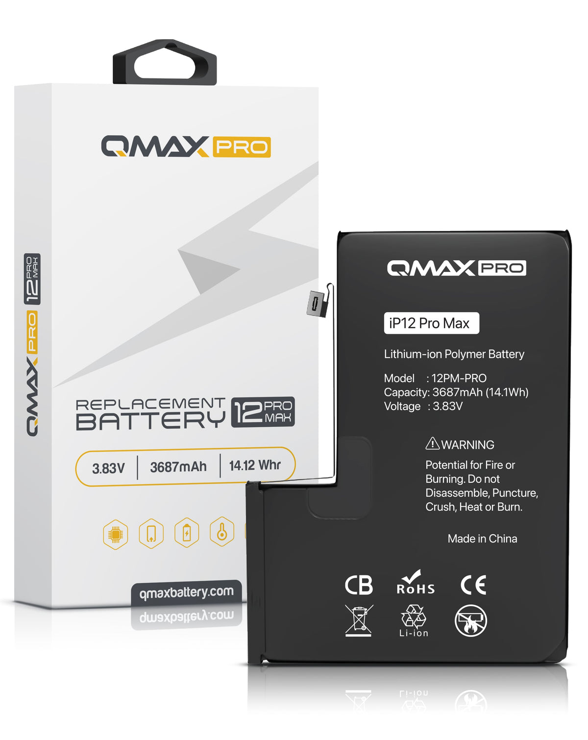 QMAX Pro Replacement Battery for iPhone 12 Pro Max (3687 mAh) (Only Ground Shipping)