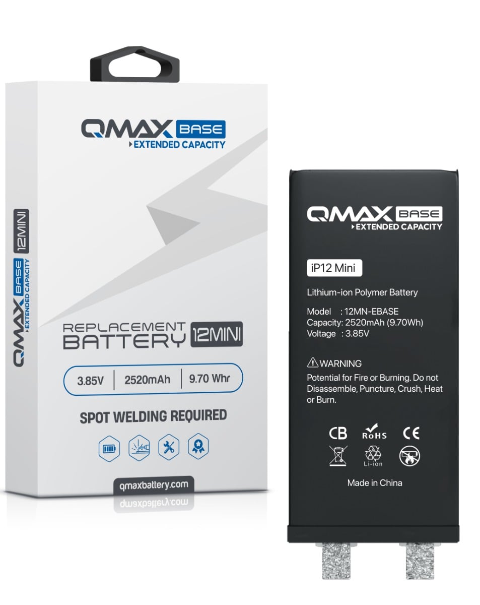 QMAX Base Extended Capacity Replacement Battery for iPhone 12 Mini (Spot Weld Required) (2520 mAh) (Only Ground Shipping)
