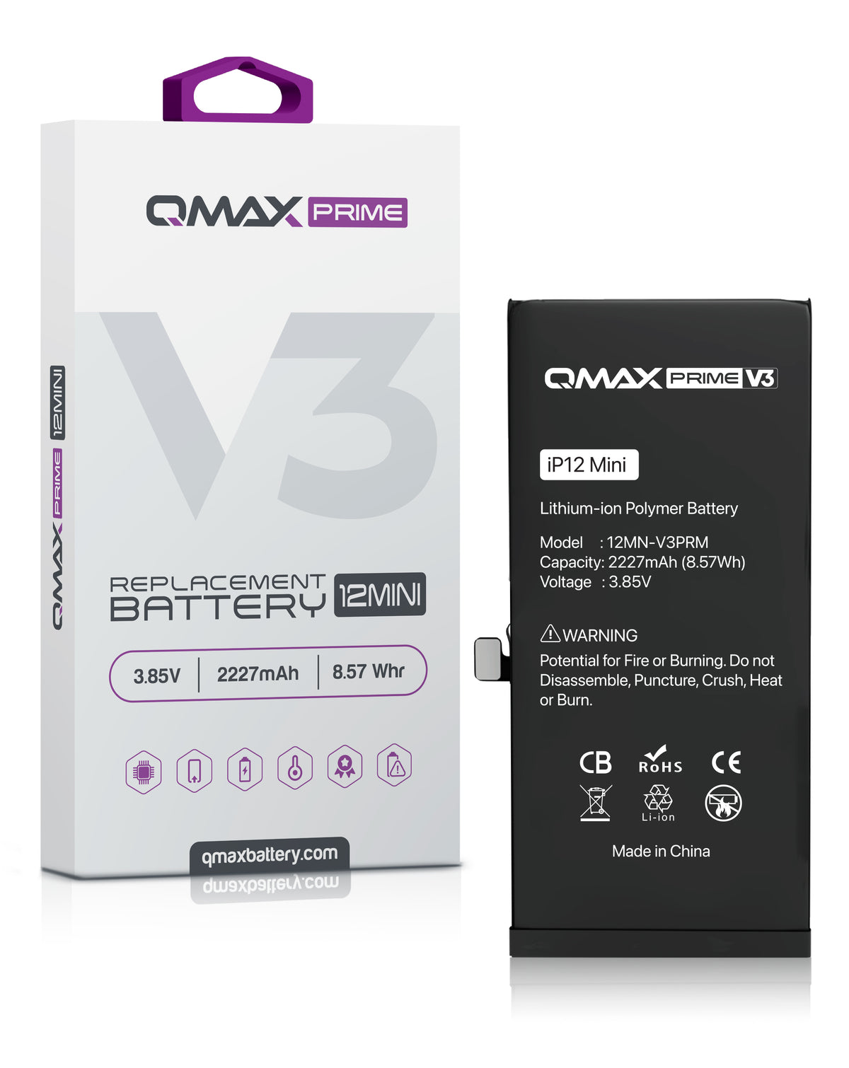QMAX Prime V3 Replacement Battery for iPhone 12 Mini (No Pop-Up) (2227 mAh) (Only Ground Shipping)