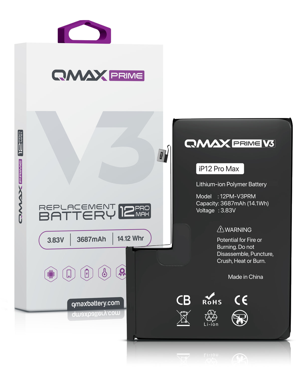 QMAX Prime V3 Replacement Battery for iPhone 12 Pro Max (No Pop-Up) (3687 mAh) (Only Ground Shipping)