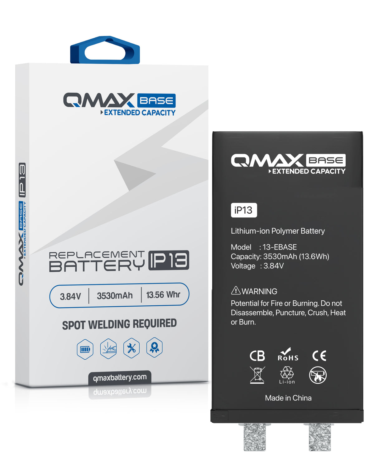 QMAX Base Extended Capacity Replacement Battery for iPhone 13 (Spot Weld Required) (3530 mAh) (Only Ground Shipping)