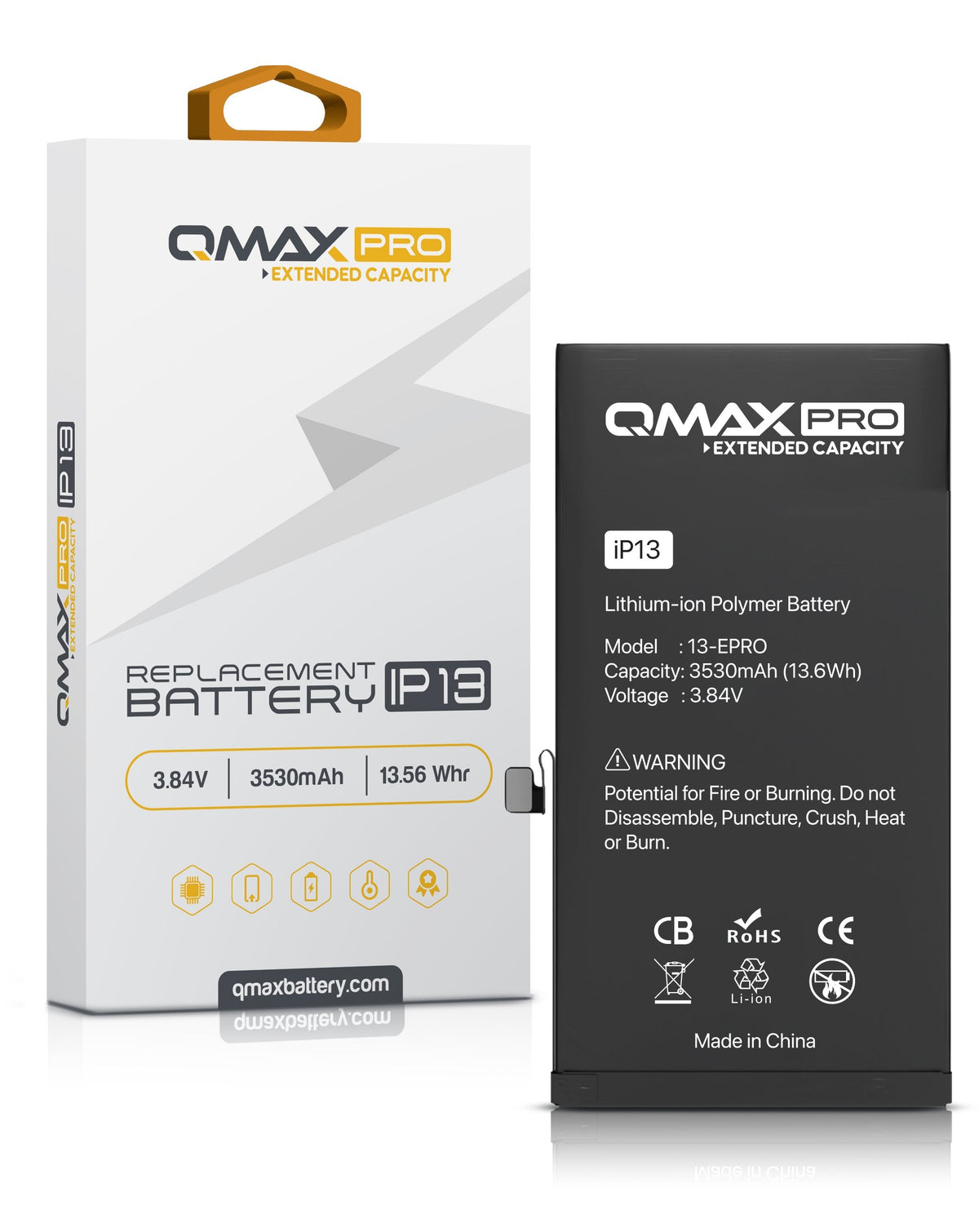 QMAX Pro Extended Capacity Replacement Battery for iPhone 13 (3530 mAh) (Only Ground Shipping)