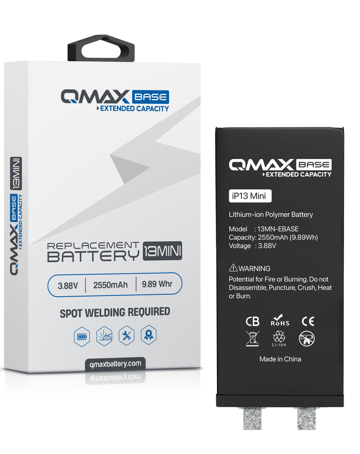 QMAX Base Extended Capacity Replacement Battery for iPhone 13 Mini (Spot Weld Required) (2520 mAh) (Only Ground Shipping)
