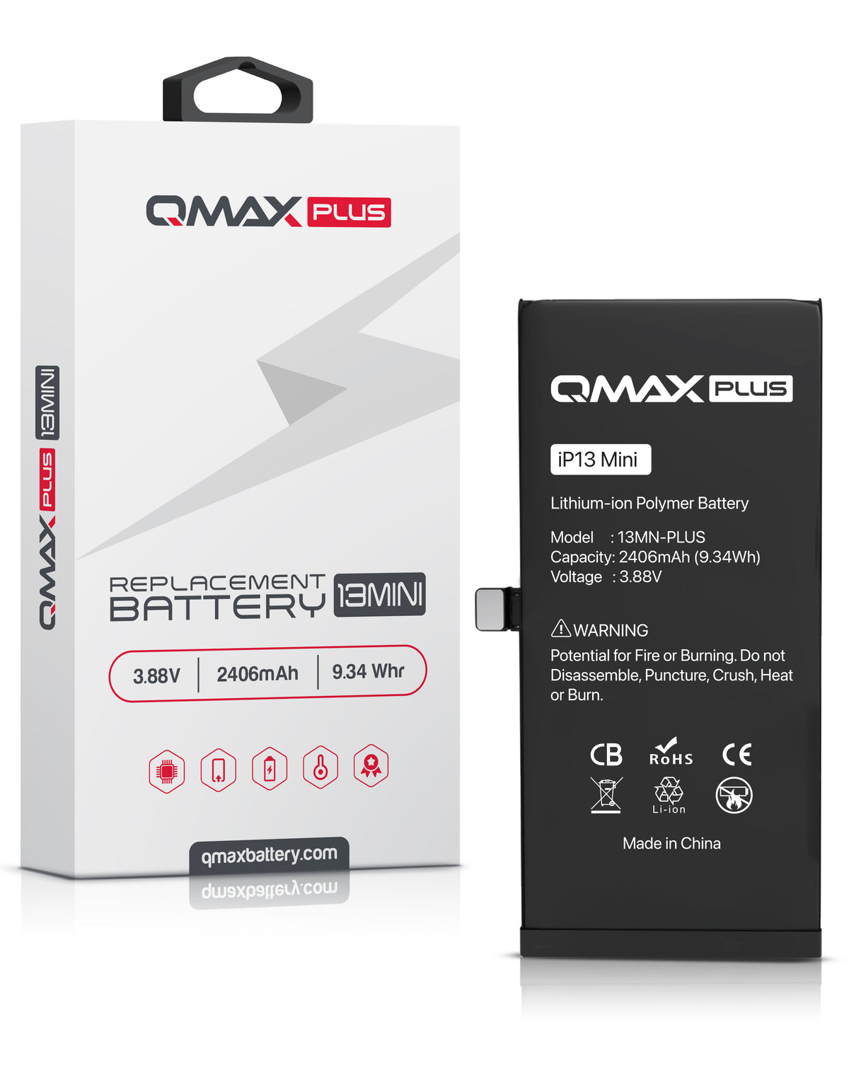 QMAX Plus Replacement Battery for iPhone 13 Mini (2406 mAh) (Only Ground Shipping)