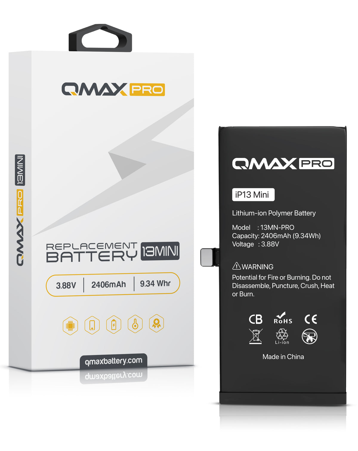 QMAX Pro Replacement Battery for iPhone 13 Mini (2406 mAh) (Only Ground Shipping)