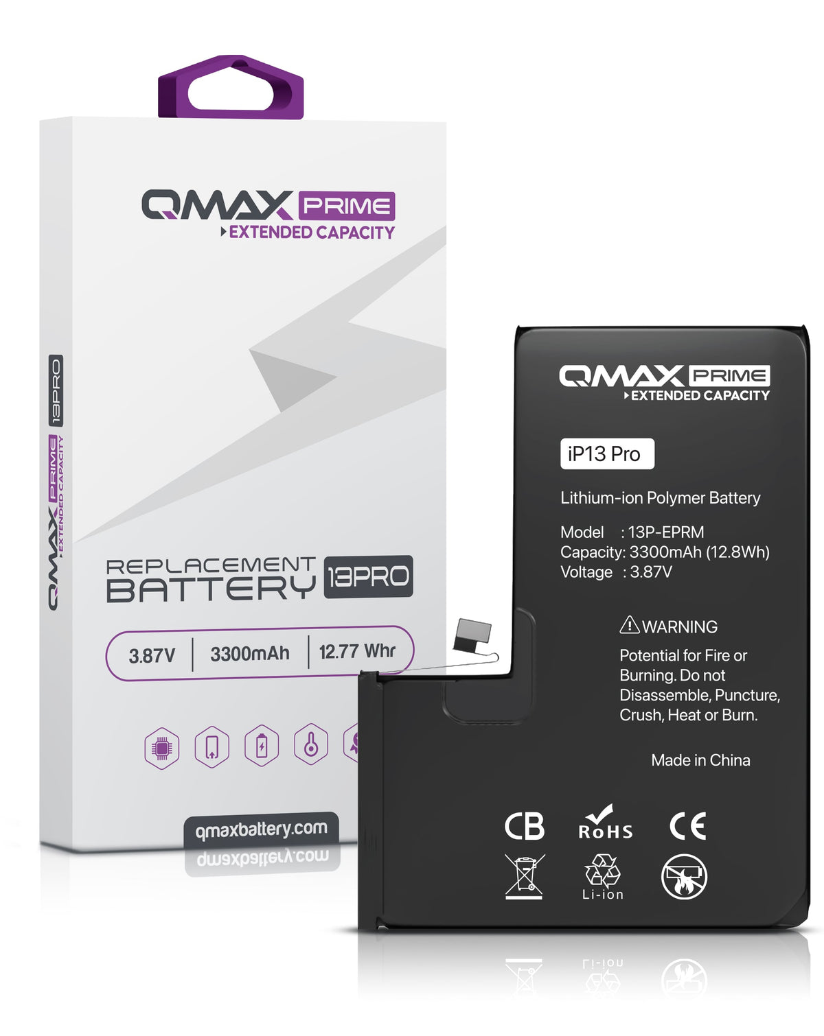 QMAX Prime Extended Capacity Replacement Battery for iPhone 13 Pro (Spot Weld NOT Required) (3300 mAh) (Only Ground Shipping)