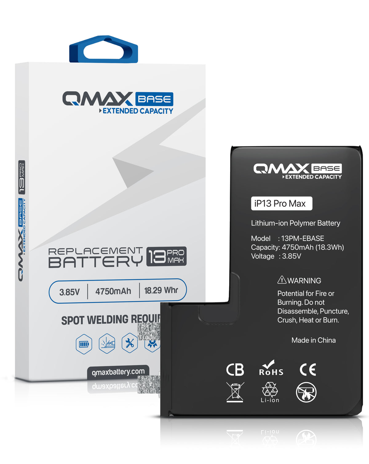 QMAX Base Extended Capacity Replacement Battery for iPhone 13 Pro Max (Spot Weld Required) (4750 mAh) (Only Ground Shipping)