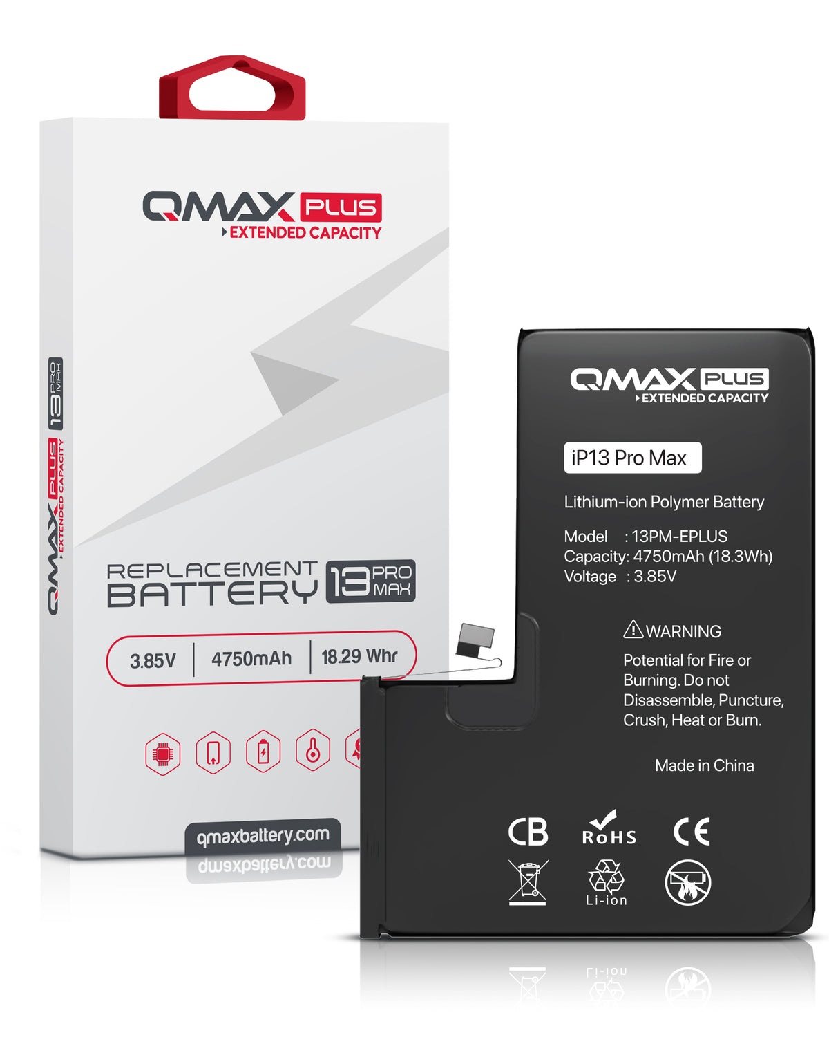 QMAX Plus Extended Capacity Replacement Battery for iPhone 13 Pro Max (4750 mAh) (Only Ground Shipping)