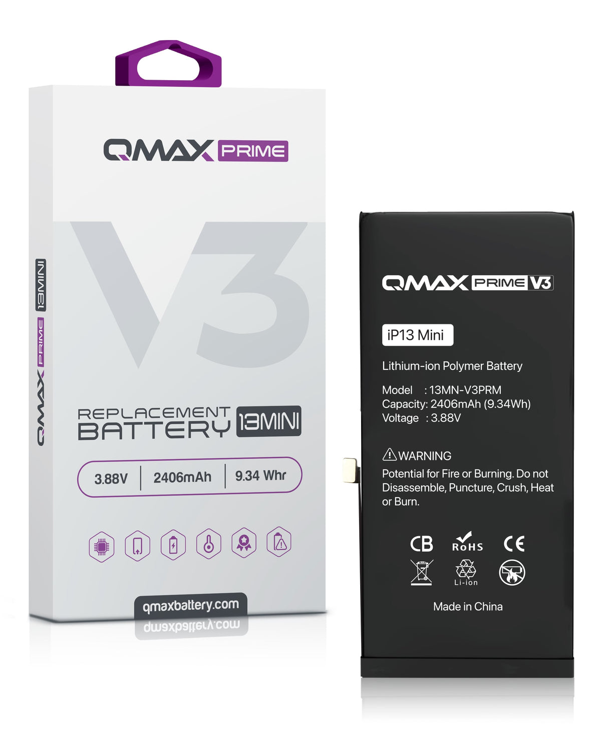 QMAX Prime V3 Replacement Battery for iPhone 13 Mini (No Pop-Up) (2406 mAh) (Only Ground Shipping)