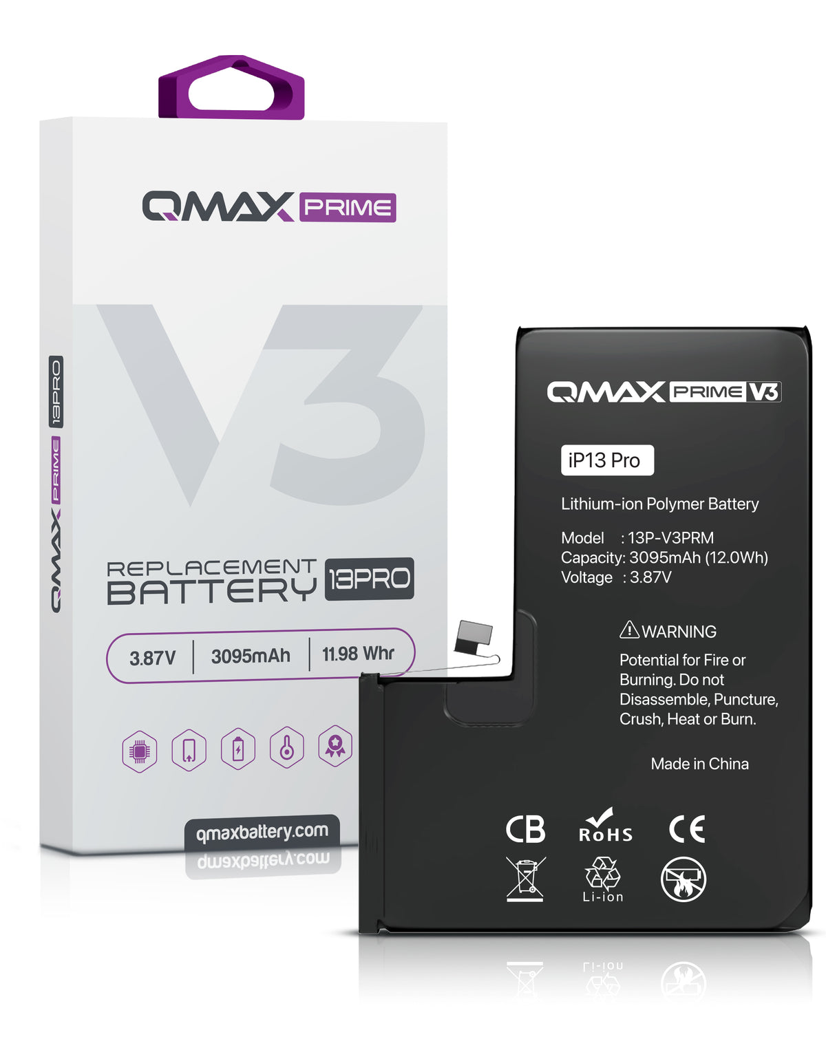 QMAX Prime V3 Replacement Battery for iPhone 13 Pro (No Pop-Up) (3095 mAh) (Only Ground Shipping)