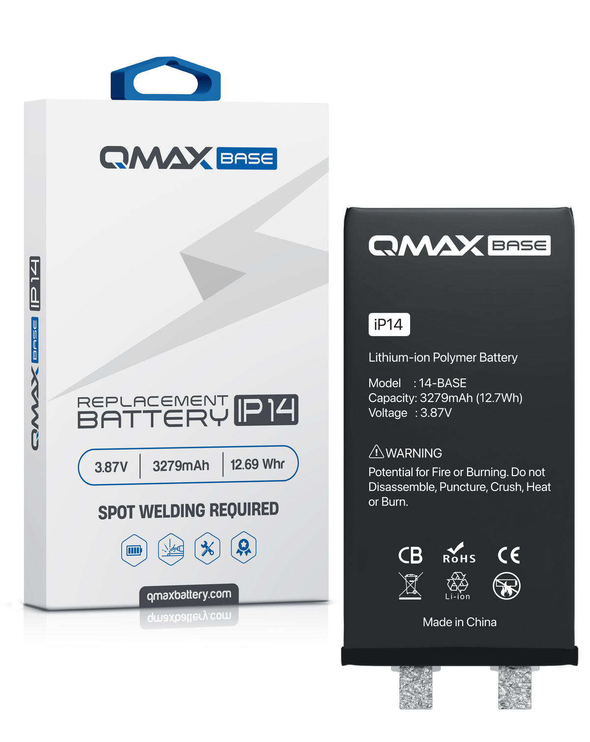 QMAX Base Replacement Battery for iPhone 14 (Spot Weld Required) (3279 mAh) (Only Ground Shipping)