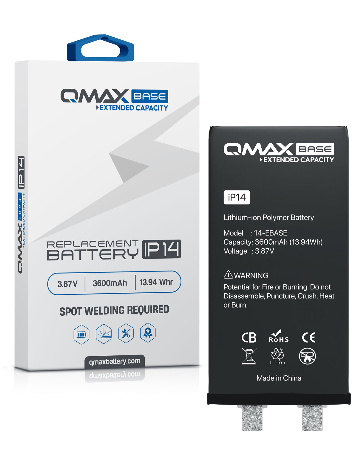 QMAX Base Extended Capacity Replacement Battery for iPhone 14 (Spot Weld Required) (3600 mAh) (Only Ground Shipping)