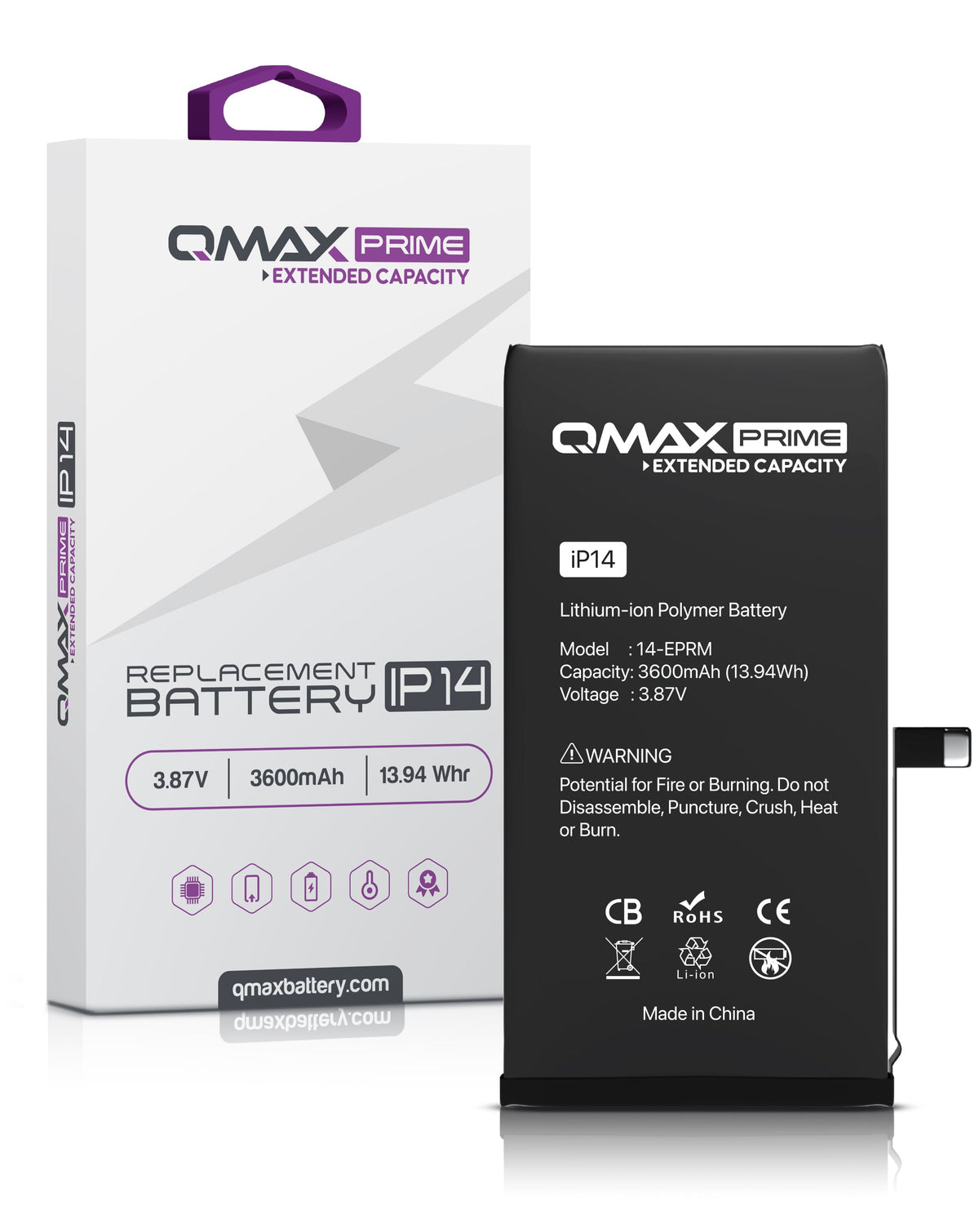 QMAX Prime Extended Capacity Replacement Battery for iPhone 14 (Spot Weld NOT Required) (3600 mAh) (Only Ground Shipping)