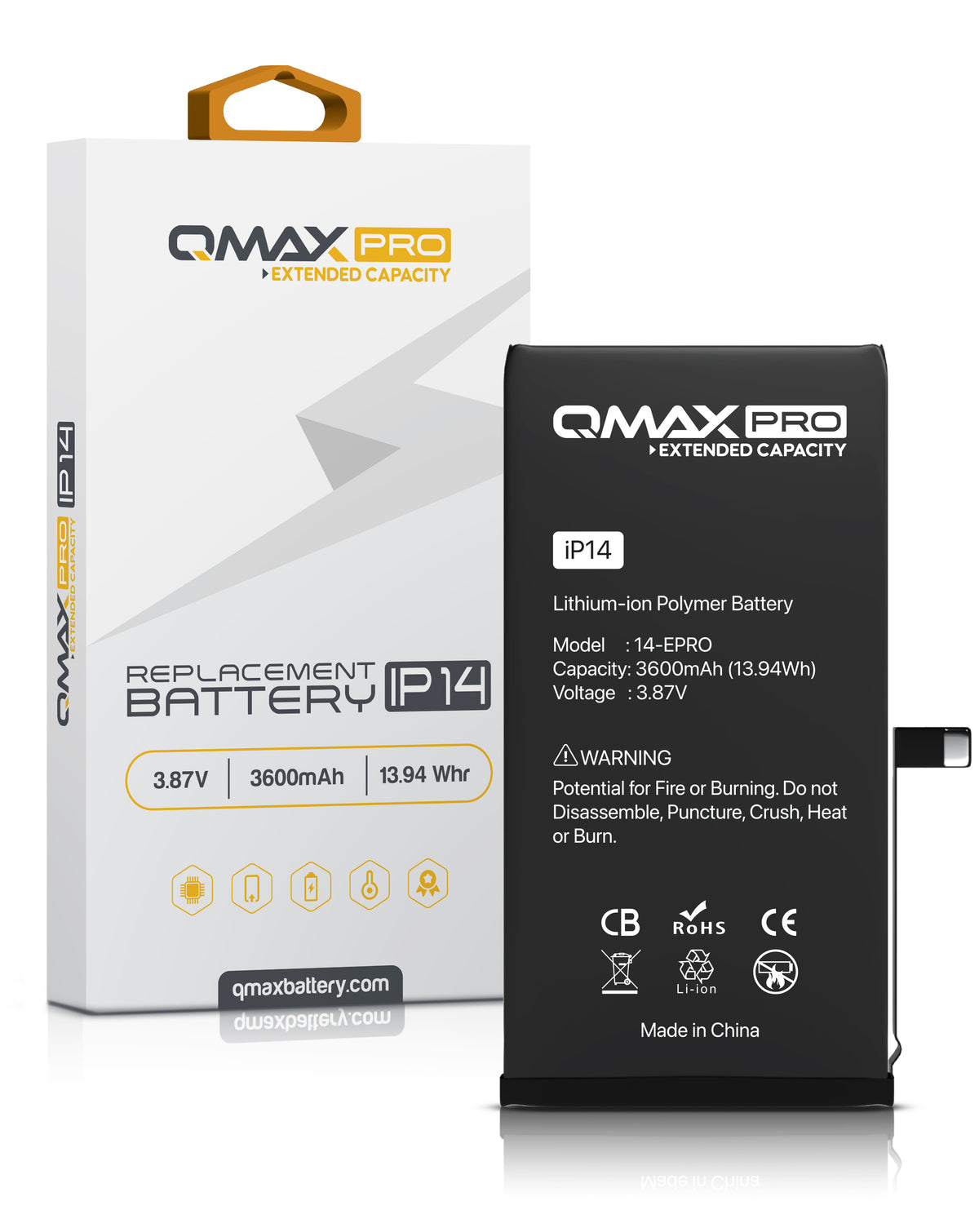 QMAX Pro Extended Capacity Replacement Battery for iPhone 14 (3600 mAh) (Only Ground Shipping)