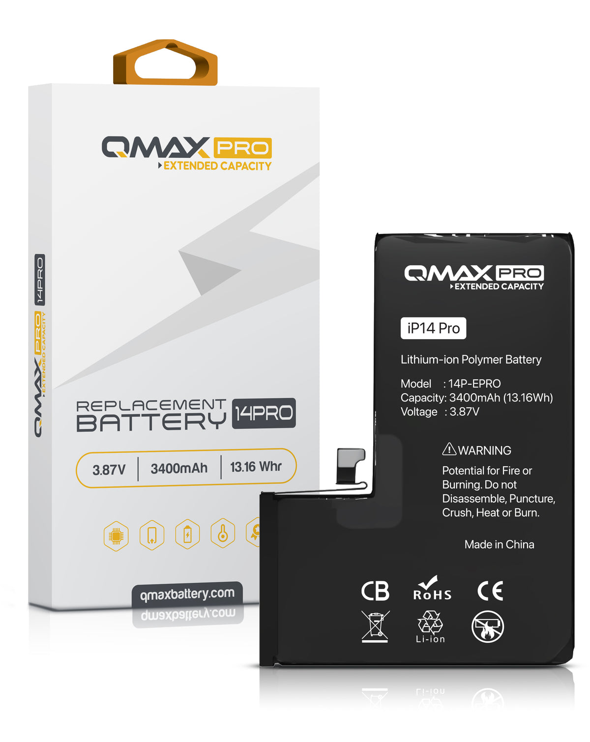 QMAX Pro Extended Capacity Replacement Battery for iPhone 14 Pro (3400 mAh) (Only Ground Shipping)