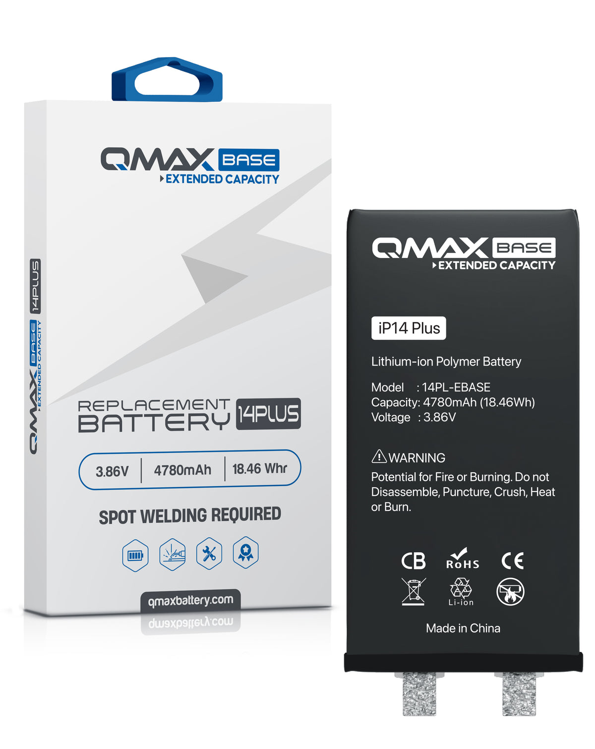 QMAX Base Extended Capacity Replacement Battery for iPhone 14 Plus (Spot Weld Required) (4780 mAh) (Only Ground Shipping)