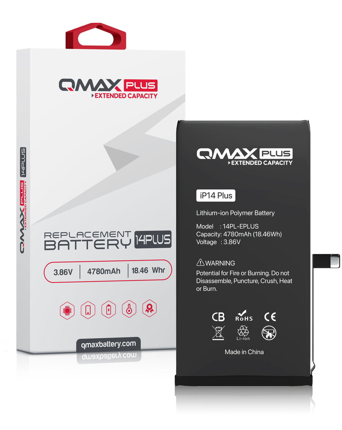 QMAX Plus Extended Capacity Replacement Battery for iPhone 14 Plus (4780 mAh) (Only Ground Shipping)