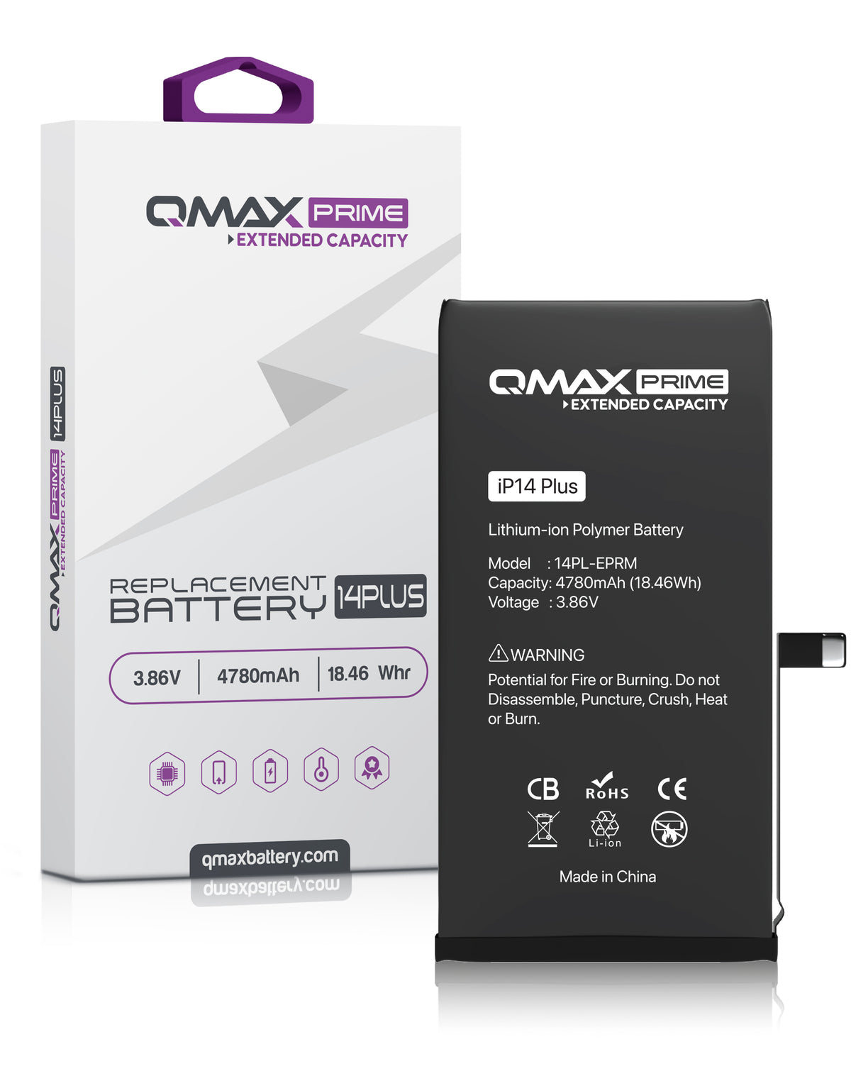 QMAX Prime Extended Capacity Replacement Battery for iPhone 14 Plus (Spot Weld NOT Required) (4780 mAh) (Only Ground Shipping)