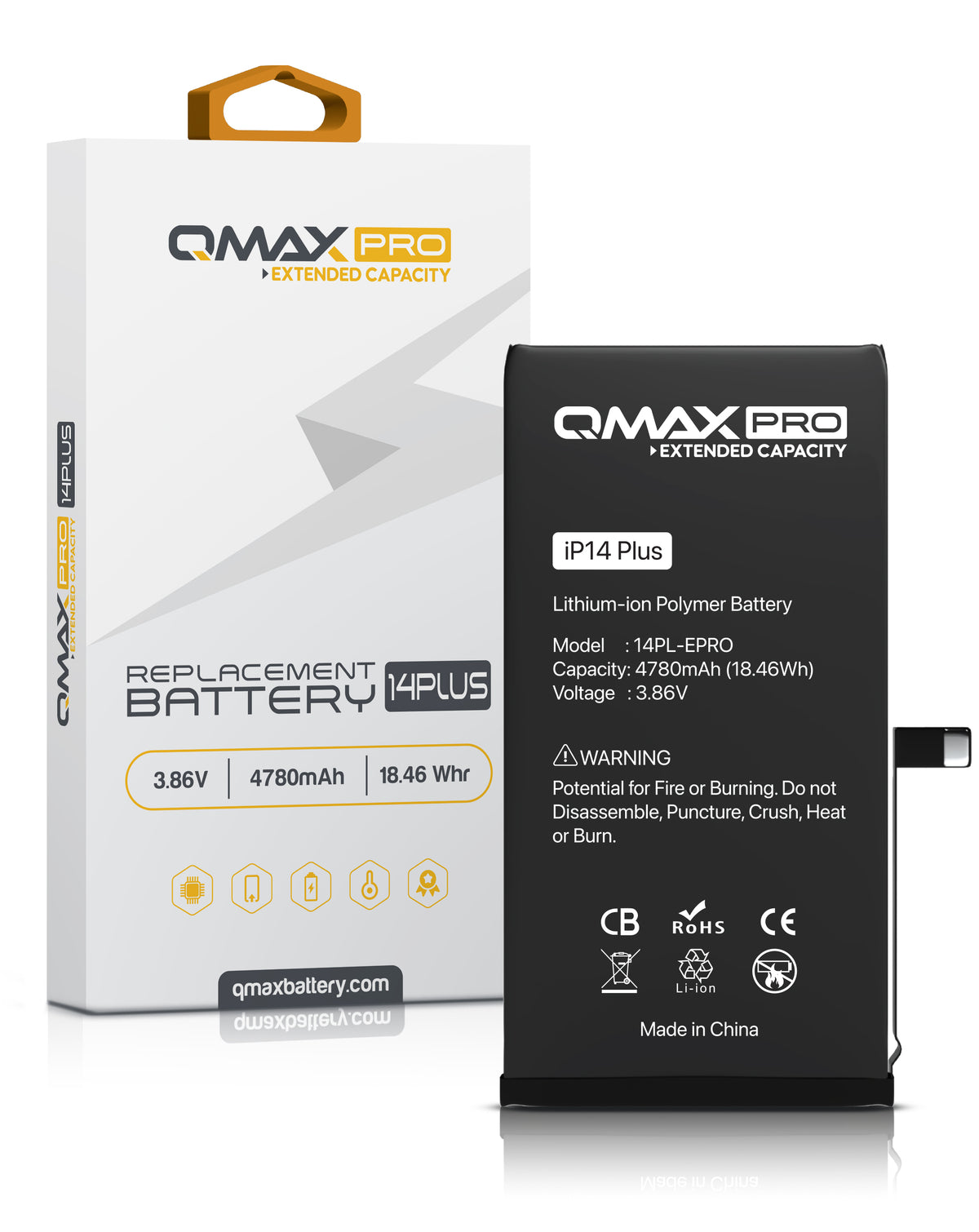 QMAX Pro Extended Capacity Replacement Battery for iPhone 14 Plus (4780 mAh) (Only Ground Shipping)