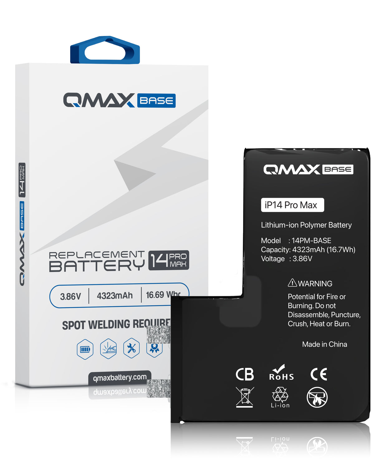 QMAX Base Replacement Battery for iPhone 14 Pro Max (Spot Weld Required) (4323 mAh) (Only Ground Shipping)