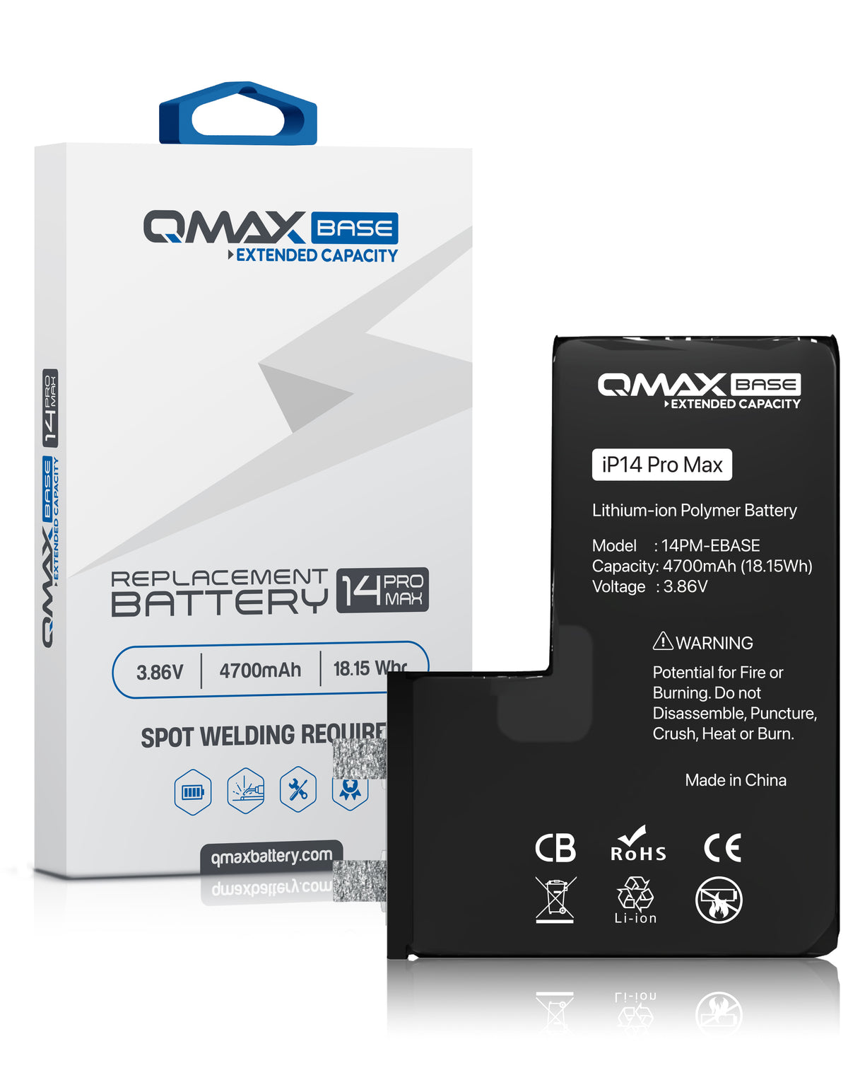 QMAX Base Extended Capacity Replacement Battery for iPhone 14 Pro Max (Spot Weld Required) (4700 mAh) (Only Ground Shipping)