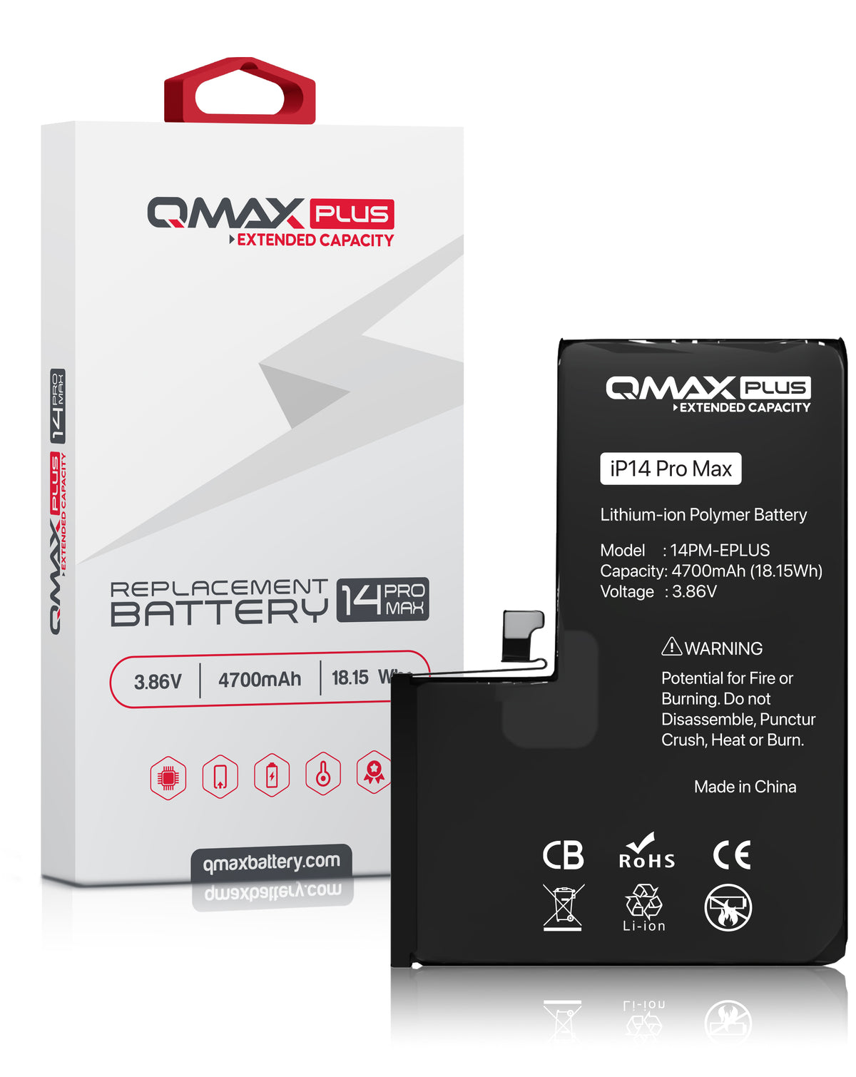 QMAX Plus Extended Capacity Replacement Battery for iPhone 14 Pro Max (4700 mAh) (Only Ground Shipping)