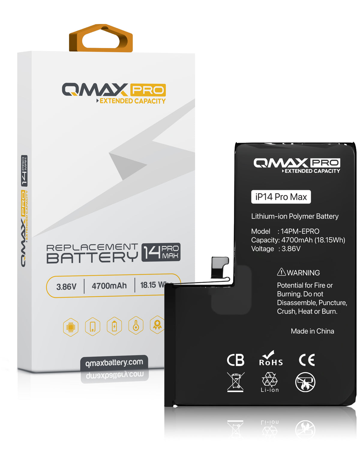 QMAX Pro Extended Capacity Replacement Battery for iPhone 14 Pro Max (4700 mAh) (Only Ground Shipping)