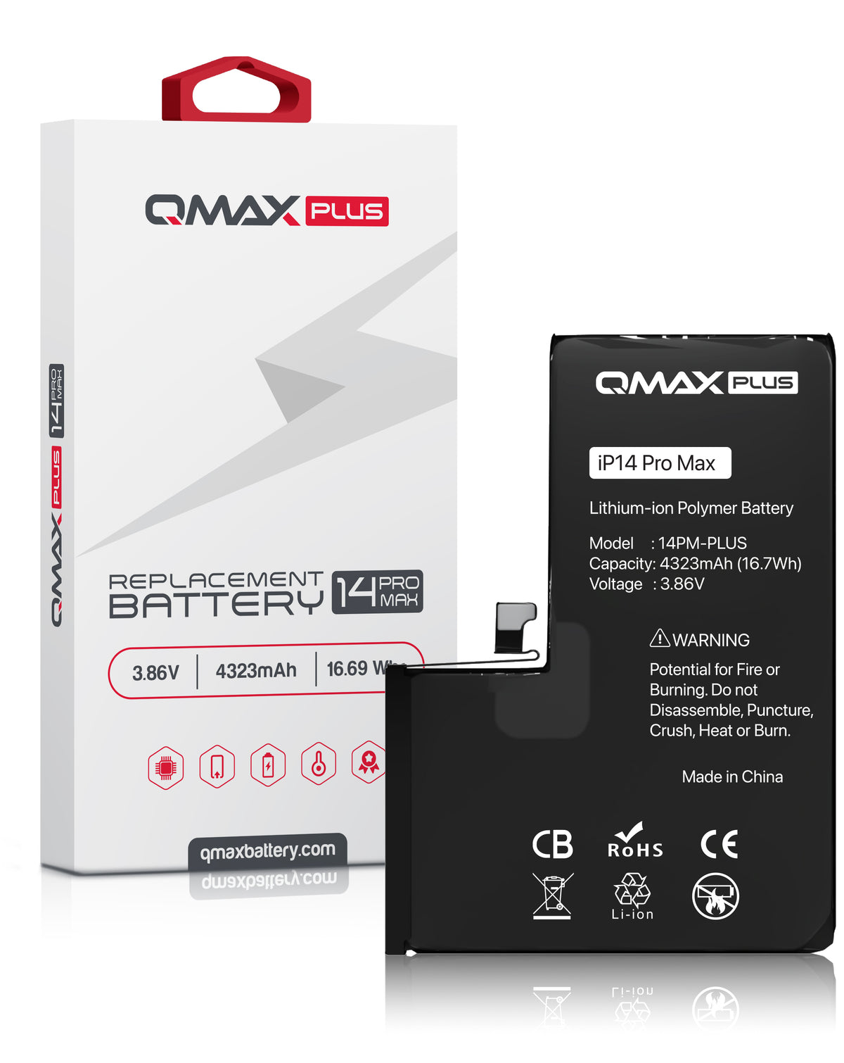 QMAX Plus Replacement Battery for iPhone 14 Pro Max (4323 mAh) (Only Ground Shipping)
