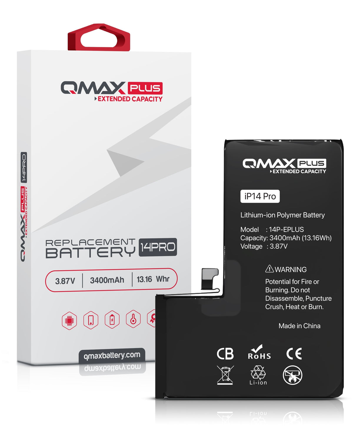 QMAX Plus Extended Capacity Replacement Battery for iPhone 14 Pro (3400 mAh) (Only Ground Shipping)