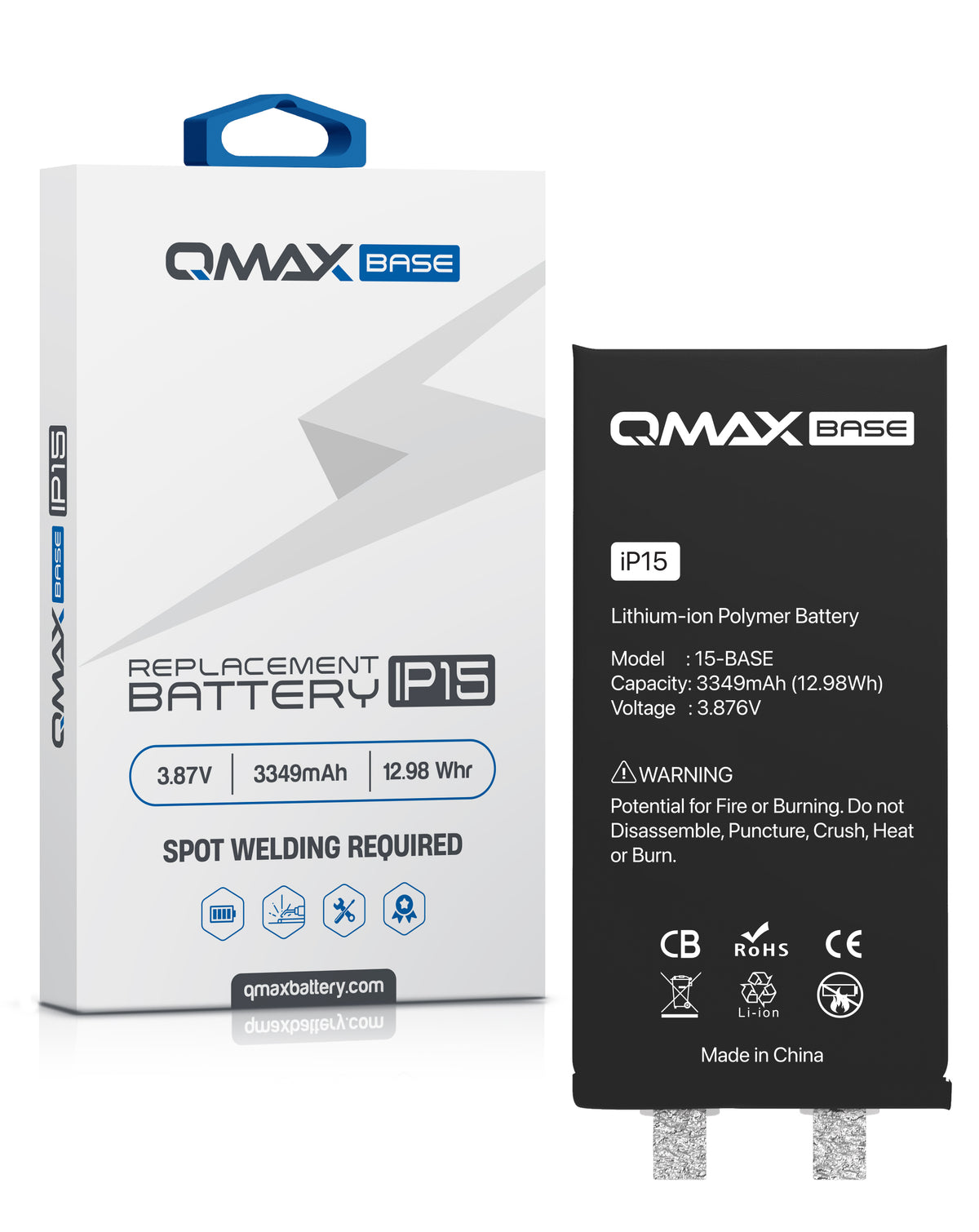 QMAX Base Replacement Battery for iPhone 15 (Spot Weld Required) (3349 mAh) (Only Ground Shipping)