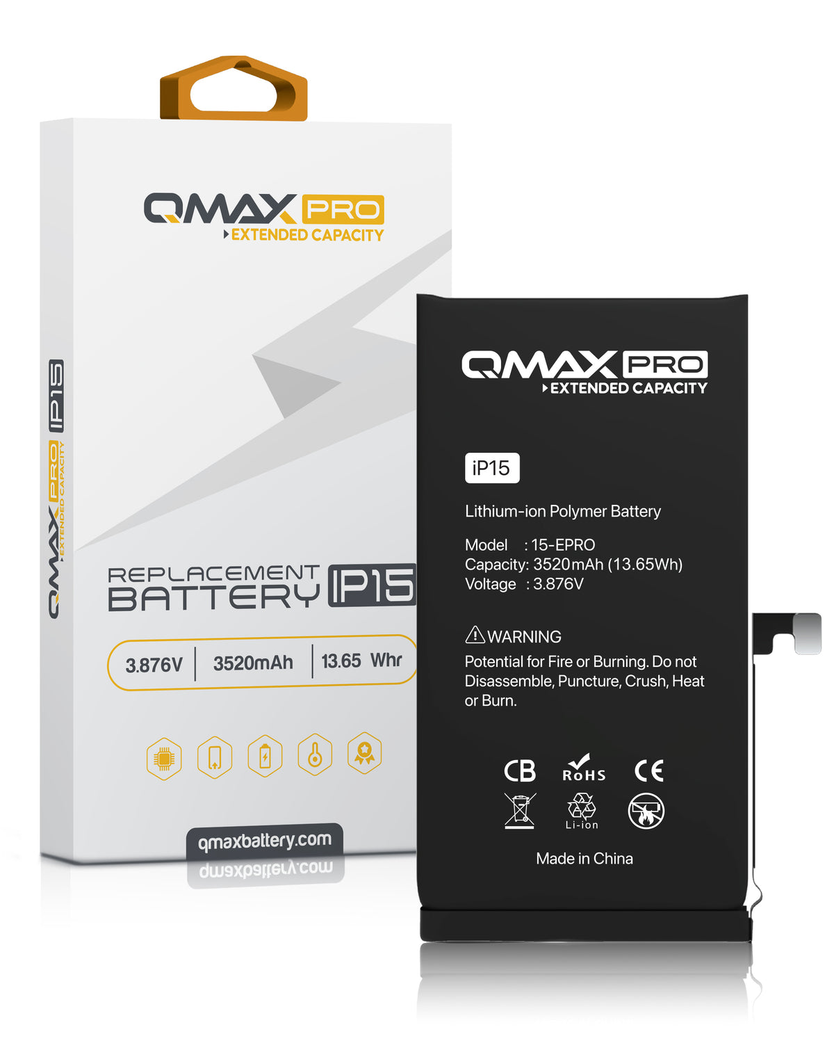 QMAX PRO Extended Capacity Replacement Battery for iPhone 15 (3520 mAh) (Only Ground Shipping)