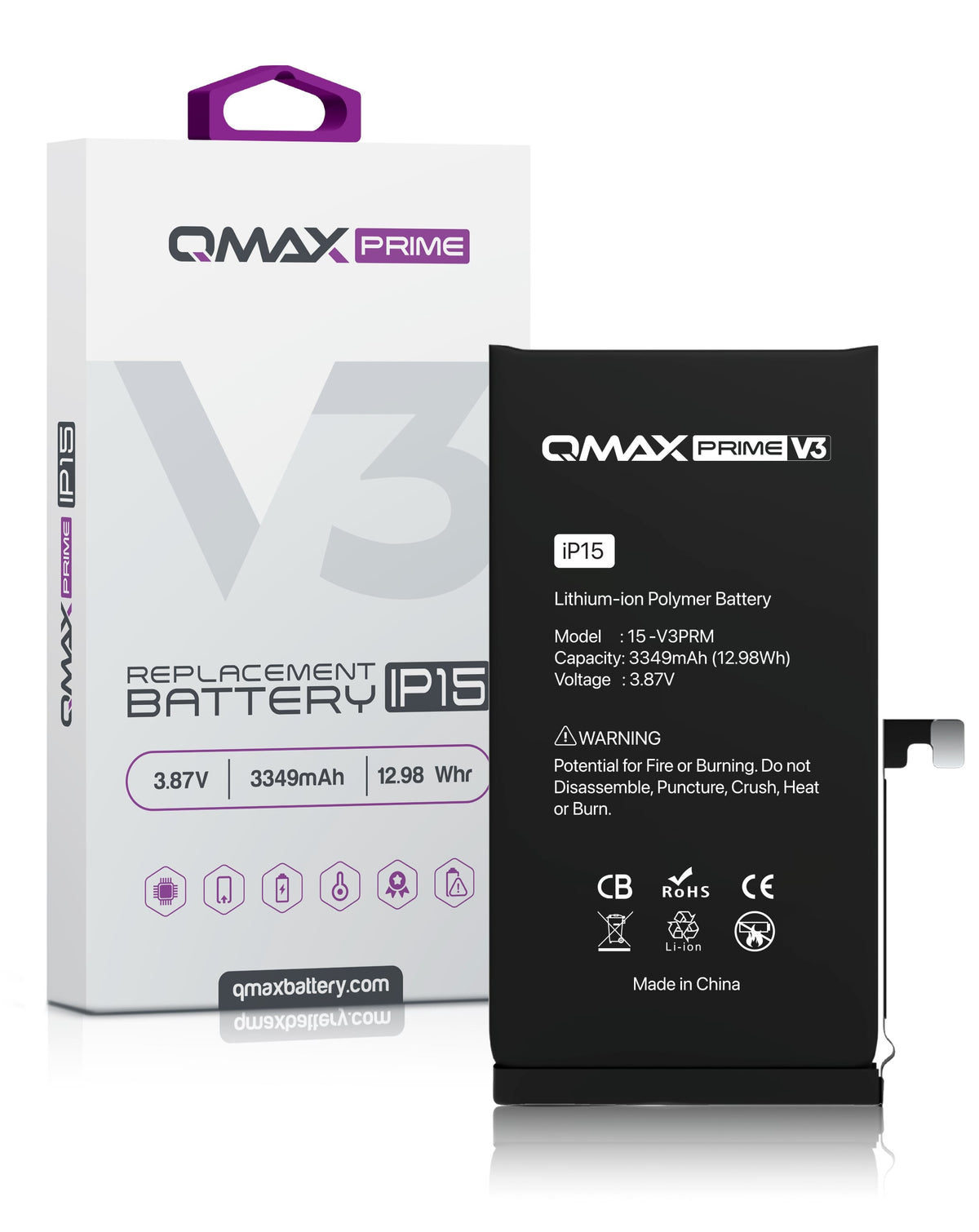 QMAX Prime V3 Replacement Battery for iPhone 15 (No Pop-Up) (3349 mAh) (Only Ground Shipping)