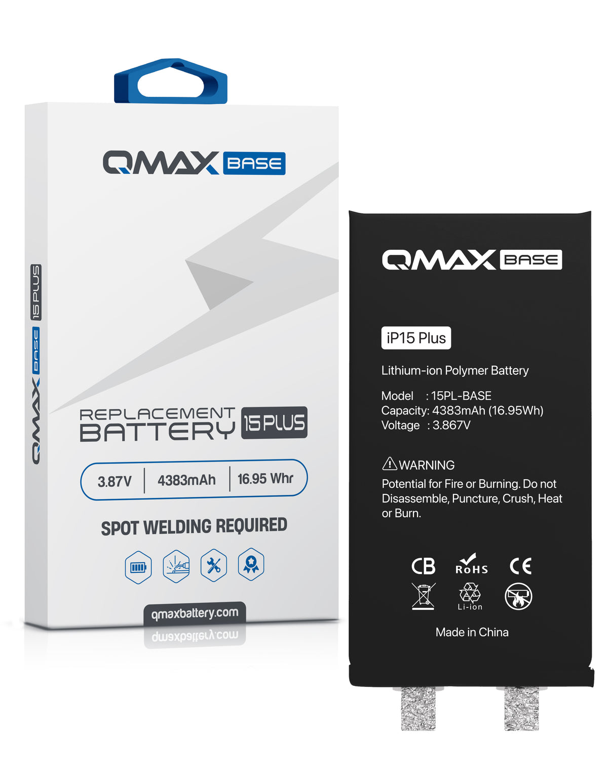 QMAX Base Replacement Battery for iPhone 15 Plus (Spot Weld Required) (4383 mAh) (Only Ground Shipping)