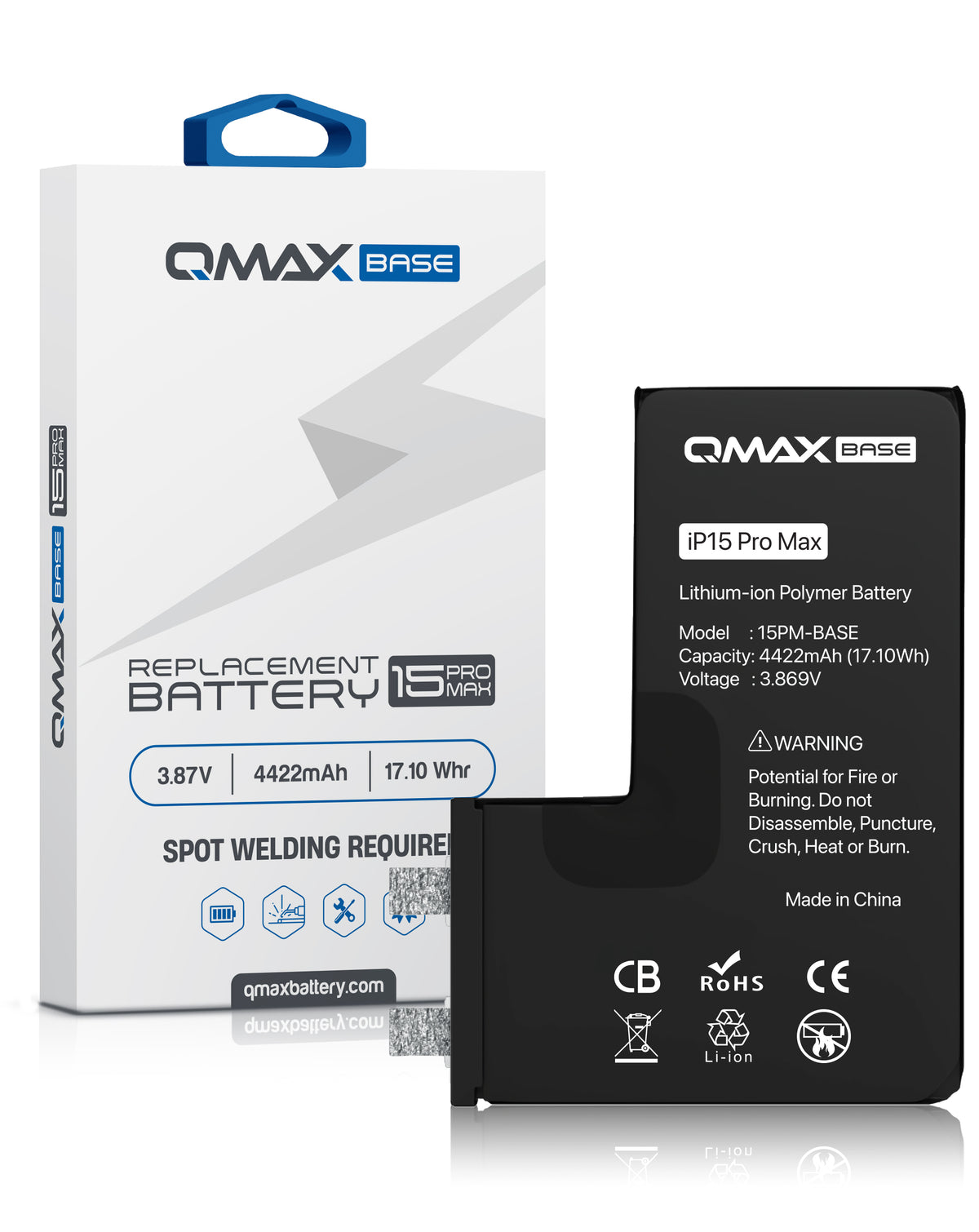 QMAX Base Replacement Battery for iPhone 15 Pro Max (Spot Weld Required) (4422 mAh) (Only Ground Shipping)