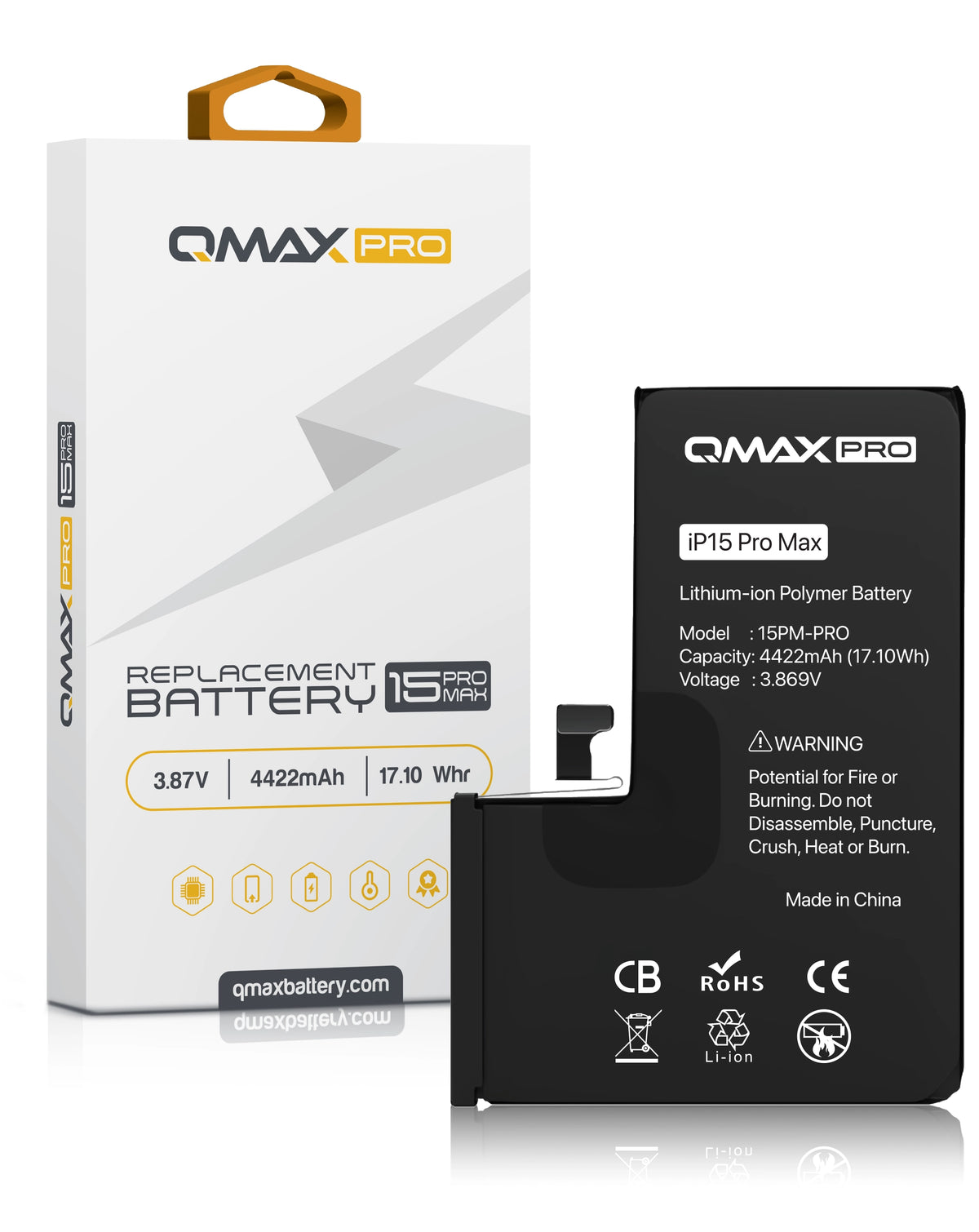 QMAX Pro Replacement Battery for iPhone 15 Pro Max (4422 mAh) (Only Ground Shipping)
