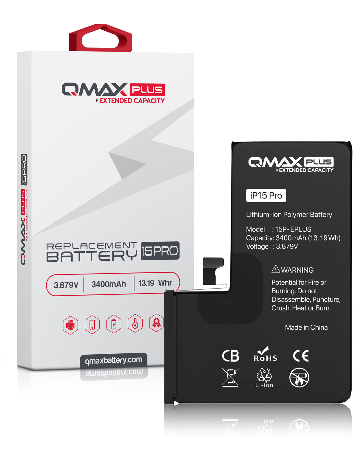 QMAX Plus Extended Capacity Replacement Battery for iPhone 15 Pro (3400 mAh) (Only Ground Shipping)