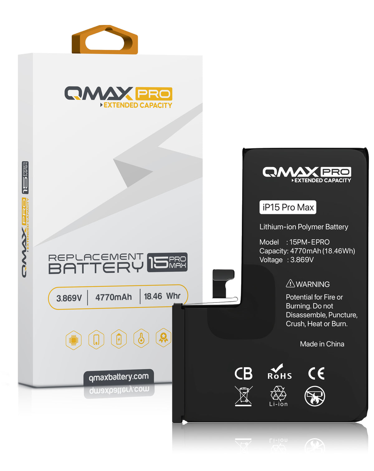 QMAX PRO Extended Capacity Replacement Battery for iPhone 15 Pro Max (4770 mAh) (Only Ground Shipping)