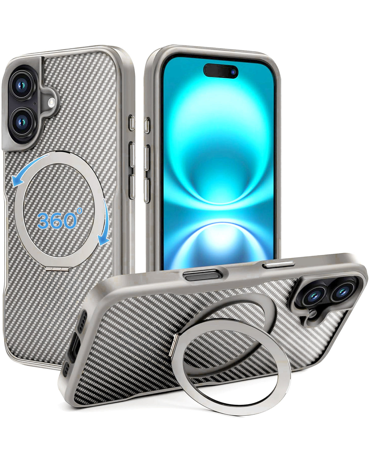Premium Quality Magnetic Protective Case with 360 Rotating Ring Stand for iPhone 16 (SILVER) (Only Ground Shipping)
