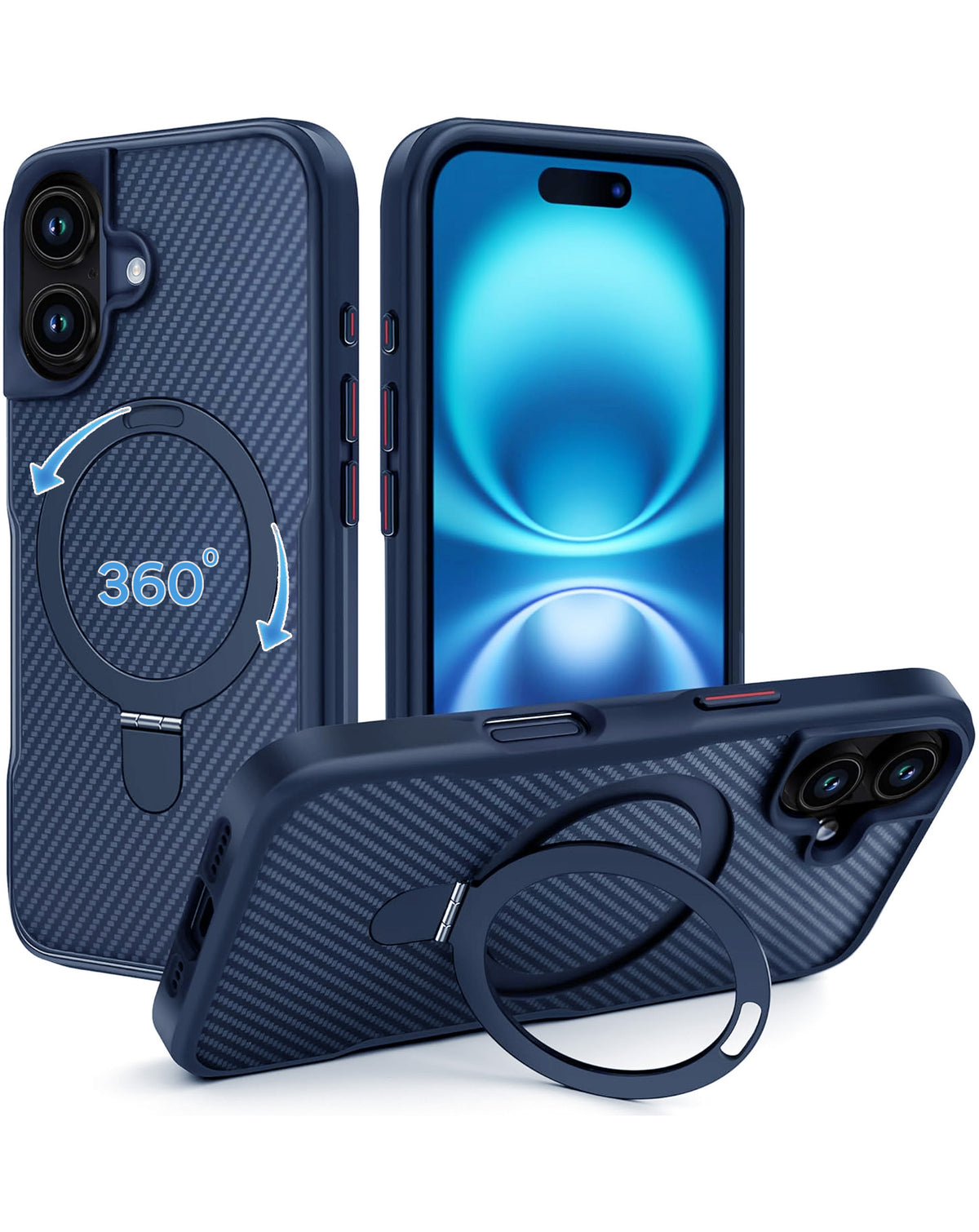 Premium Quality Magnetic Protective Case with 360 Rotating Ring Stand for iPhone 16 Plus (NAVY) (Only Ground Shipping)