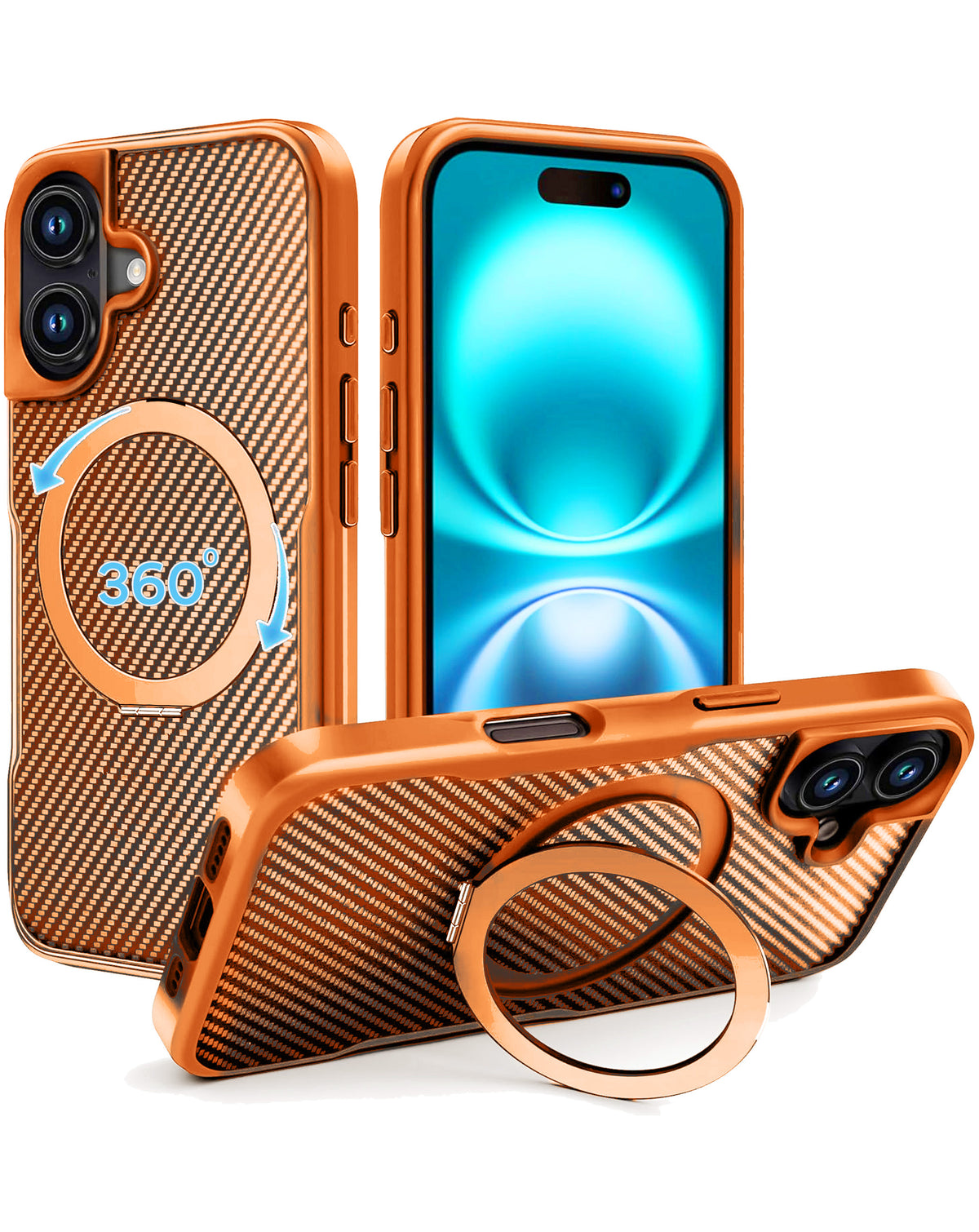 Premium Quality Magnetic Protective Case with 360 Rotating Ring Stand for iPhone 16 Plus (ORANGE) (Only Ground Shipping)