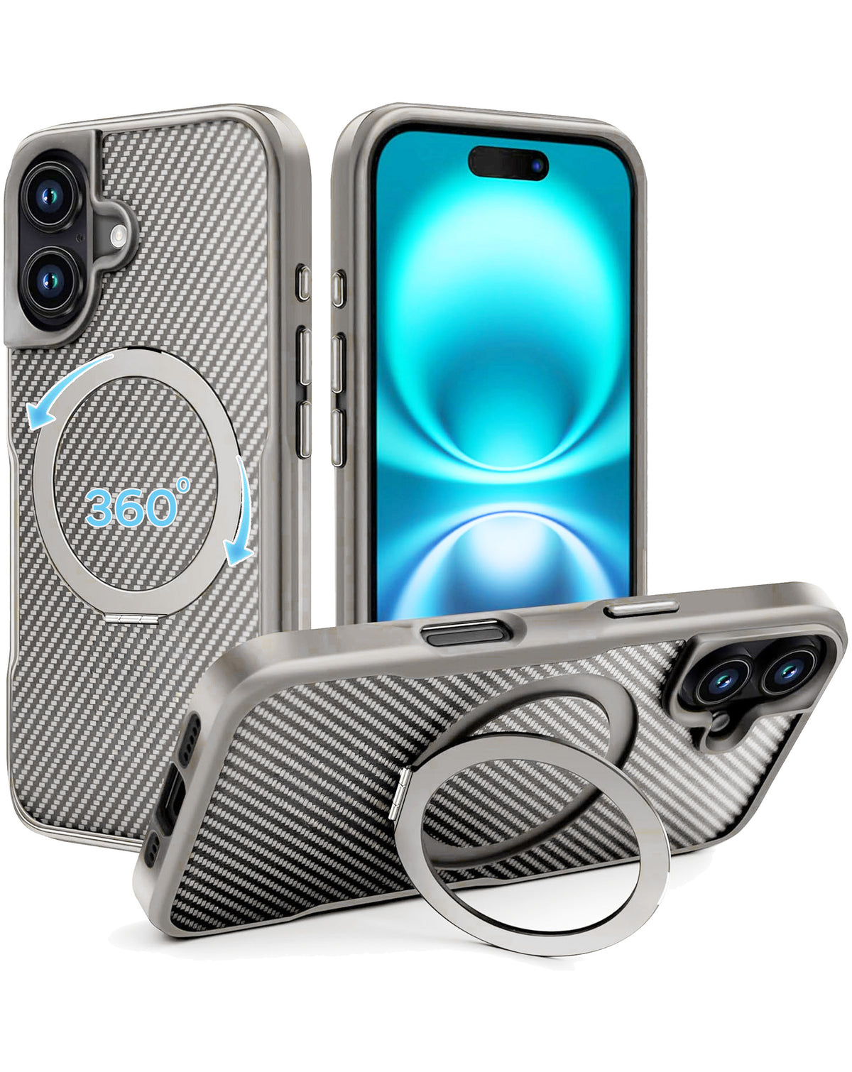 Premium Quality Magnetic Protective Case with 360 Rotating Ring Stand for iPhone 16 Plus (SILVER) (Only Ground Shipping)