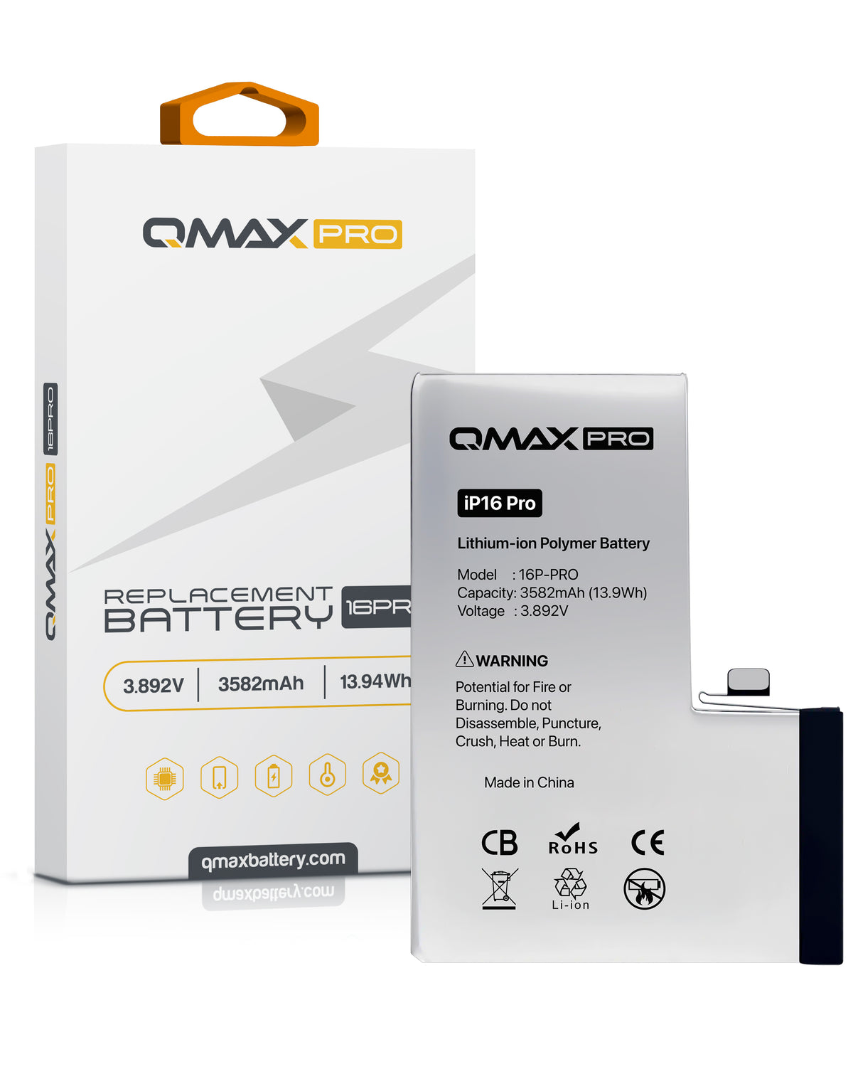 QMAX Pro Replacement Battery for iPhone 16 Pro (3582 mAh) (Only Ground Shipping)