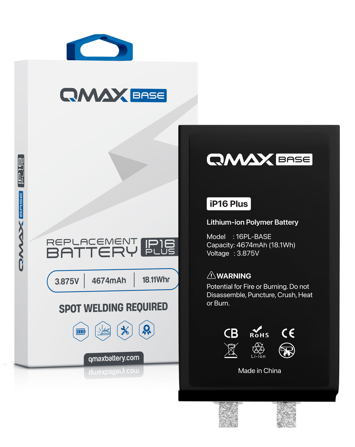 QMAX Base Replacement Battery for iPhone 16 Plus (Spot Weld Required) (4674 mAh) (Only Ground Shipping)